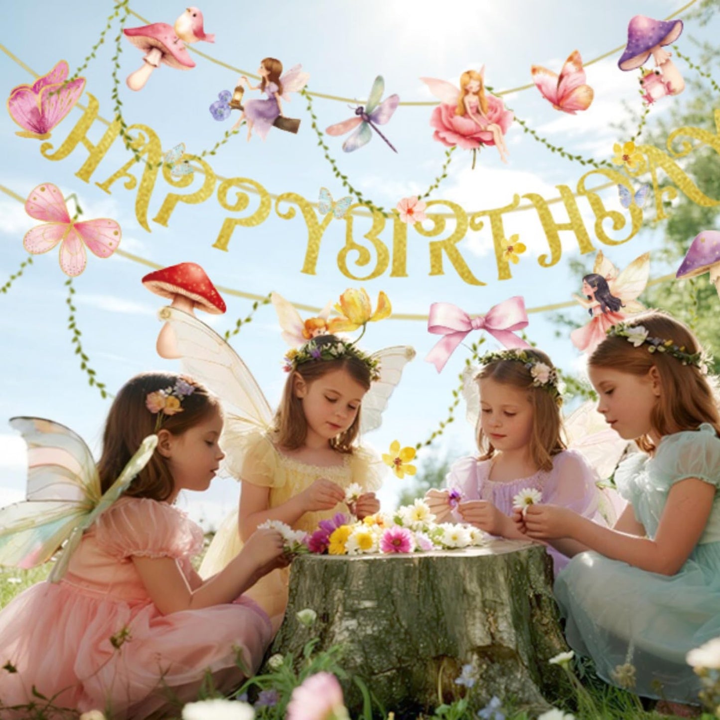 SUNBEAUTY Fairy Birthday Banner – Floral Garden Party Decor for Girls & Baby Showers