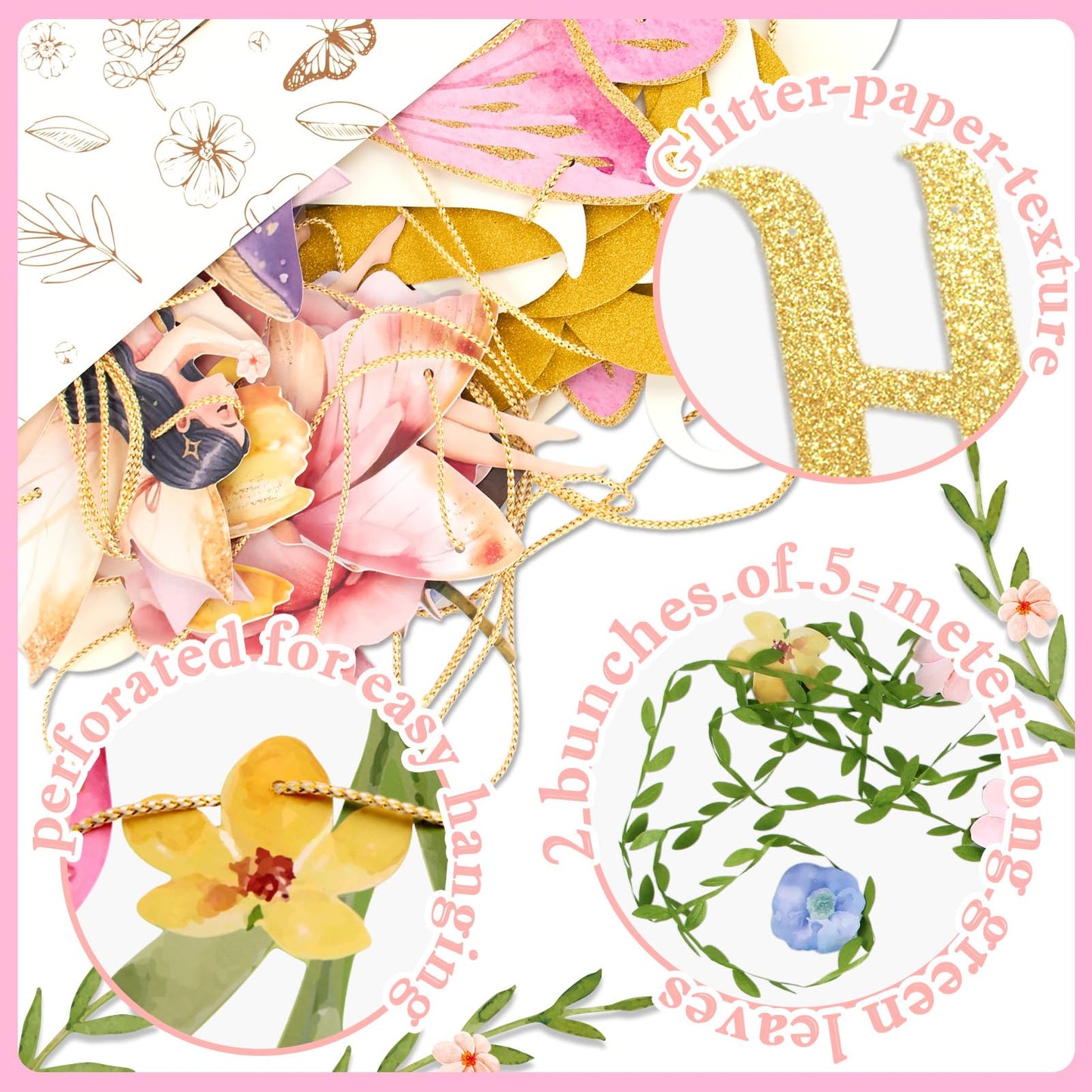 SUNBEAUTY Fairy Birthday Banner – Floral Garden Party Decor for Girls & Baby Showers