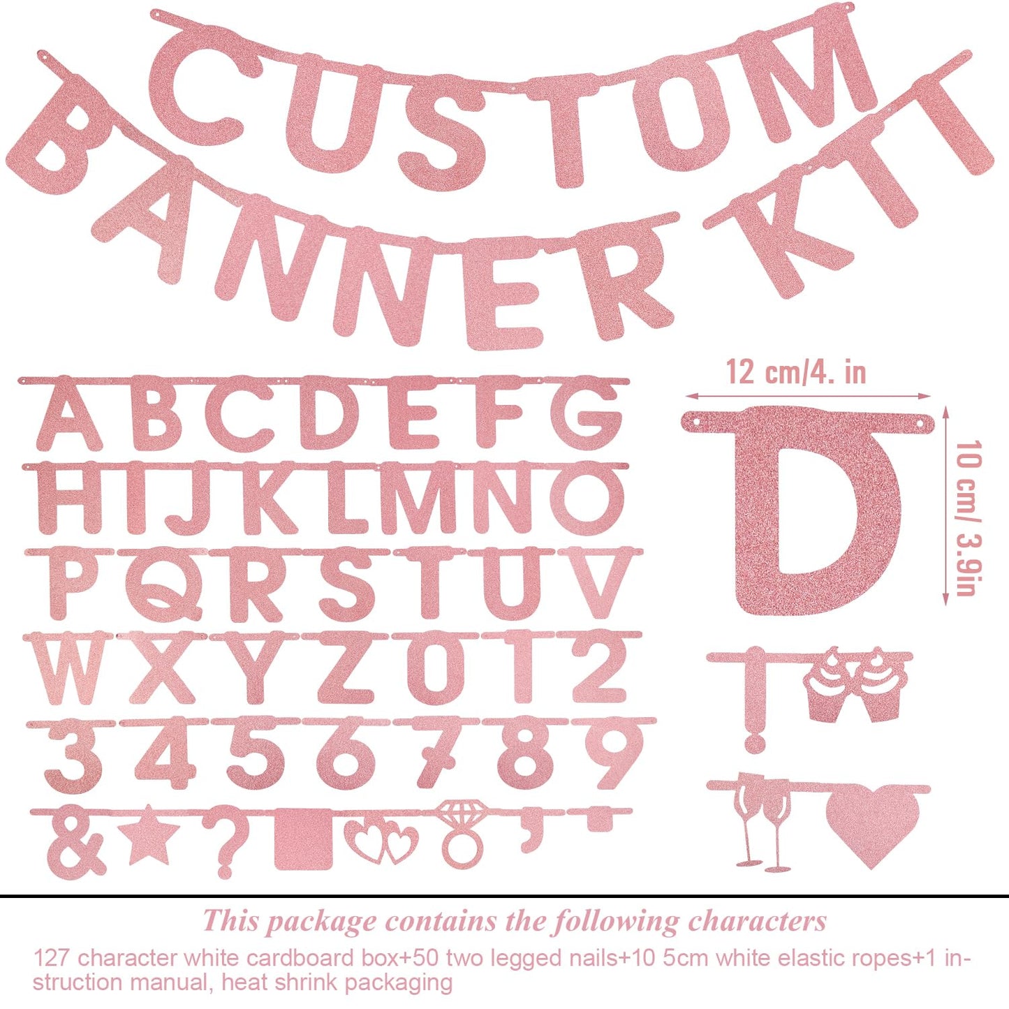 SUNBEAUTY 127 Pcs Rosegold Glitter DIY Banner – Customizable Letters & Symbols for Parties