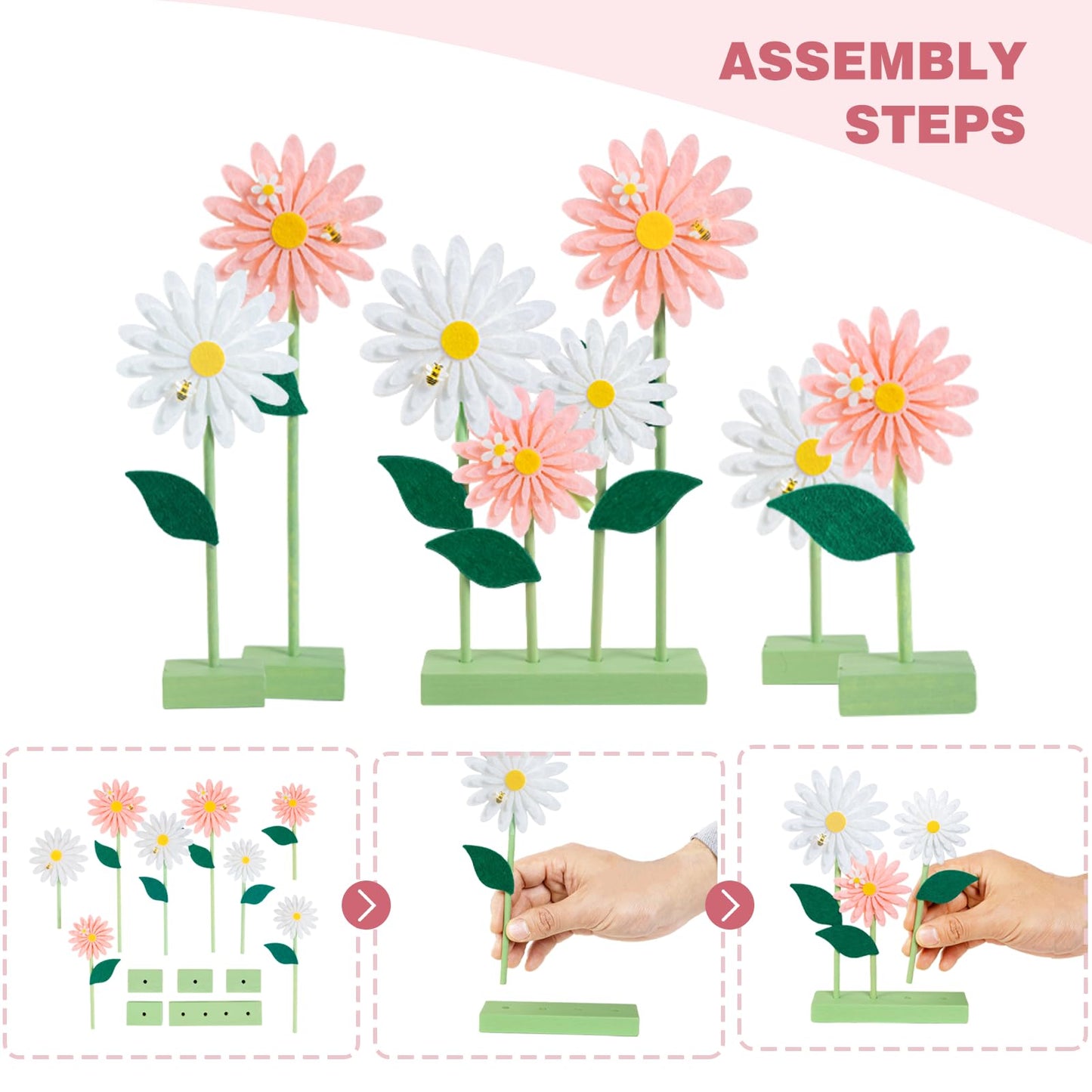SUNBEAUTY 8PCS Daisy Felt Table Centerpieces – Pink & White Floral Party Decor