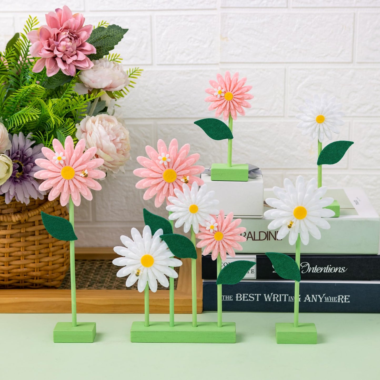 SUNBEAUTY 8PCS Daisy Felt Table Centerpieces – Pink & White Floral Party Decor