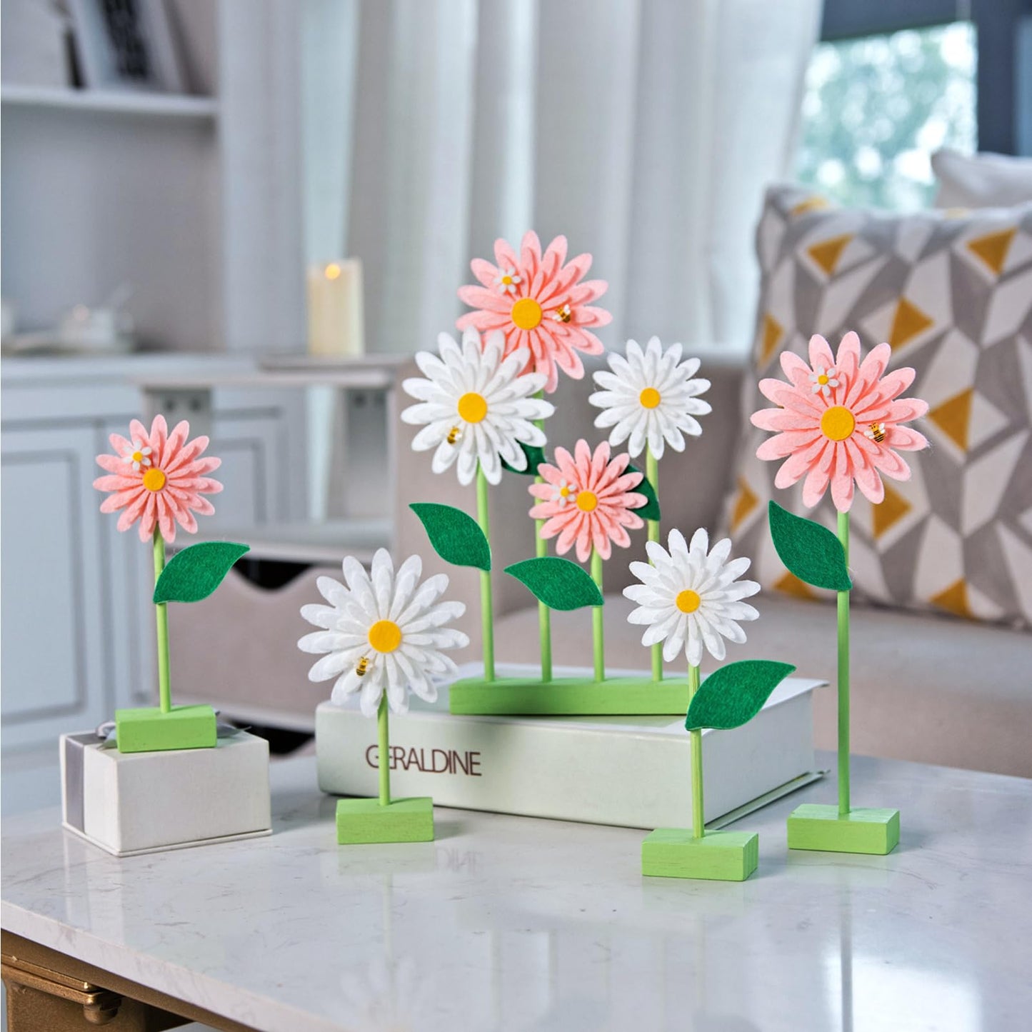 SUNBEAUTY 8PCS Daisy Felt Table Centerpieces – Pink & White Floral Party Decor