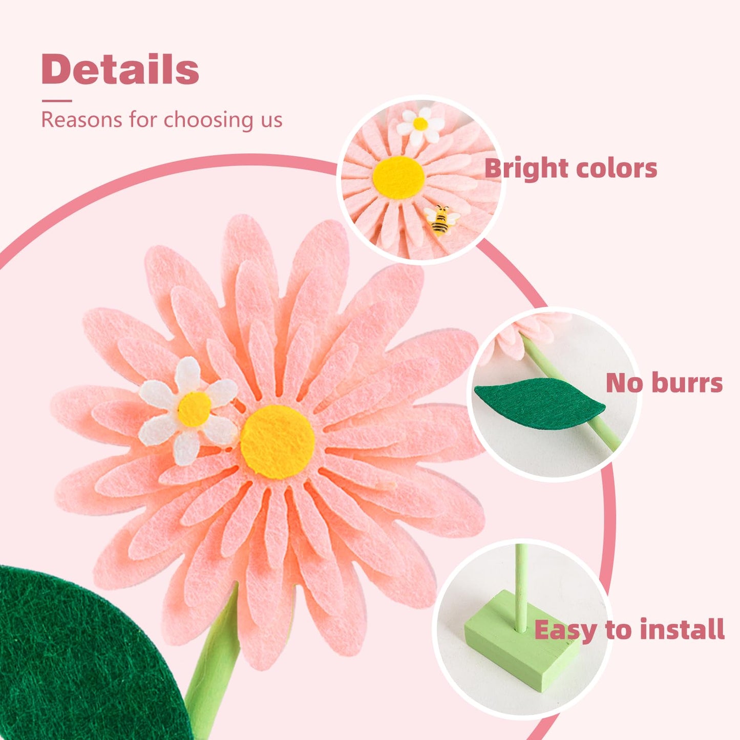 SUNBEAUTY 8PCS Daisy Felt Table Centerpieces – Pink & White Floral Party Decor