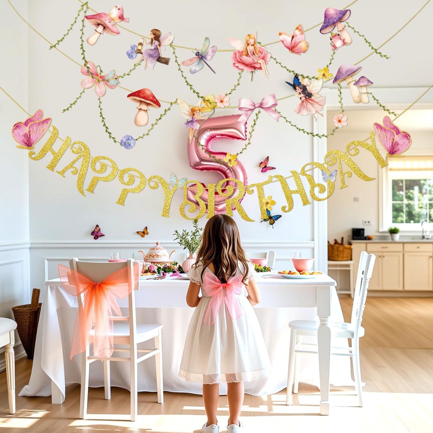 SUNBEAUTY Fairy Birthday Banner – Floral Garden Party Decor for Girls & Baby Showers