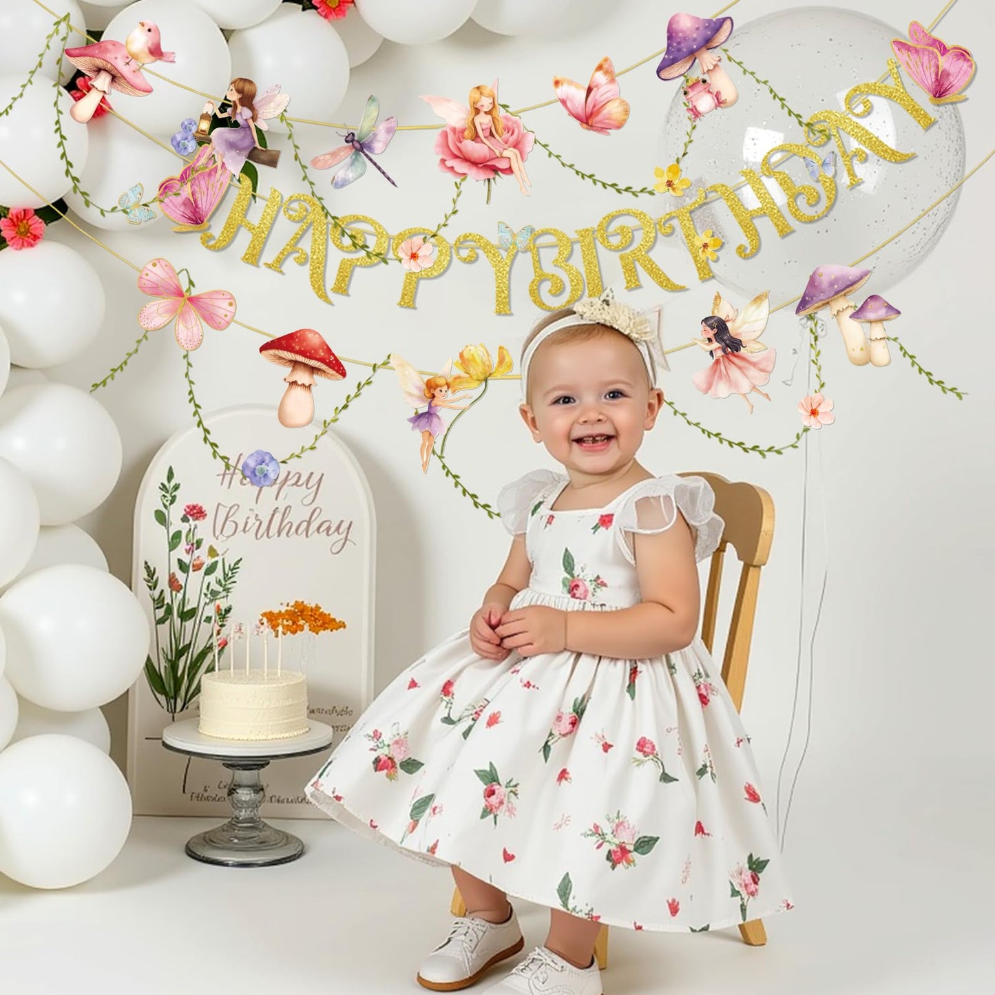 SUNBEAUTY Fairy Birthday Banner – Floral Garden Party Decor for Girls & Baby Showers