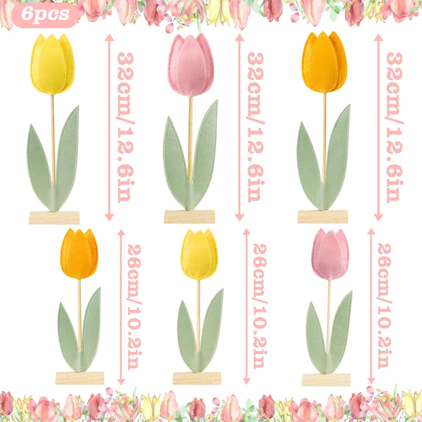 SUNBEAUTY 6Pcs Spring Tulips Felt Centerpiece – Easter Table Decor (Pink, Yellow, Orange)