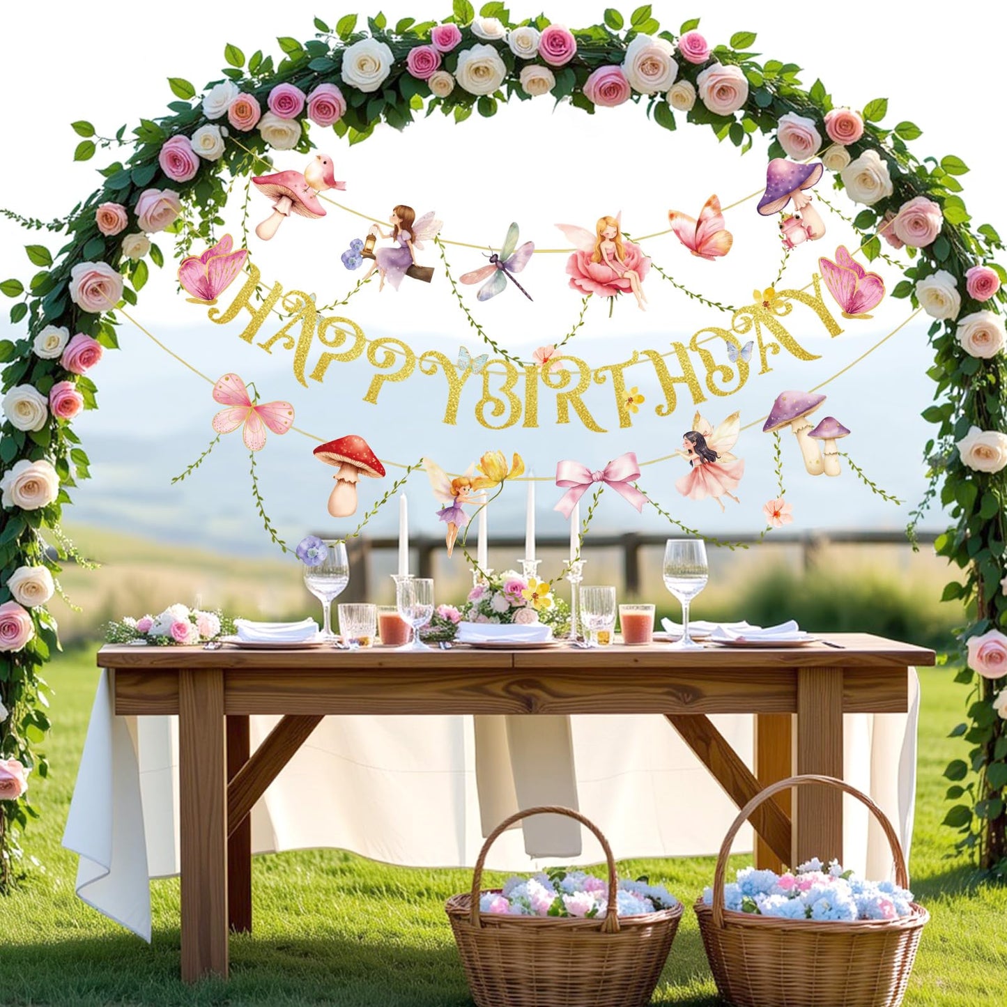 SUNBEAUTY Fairy Birthday Banner – Floral Garden Party Decor for Girls & Baby Showers