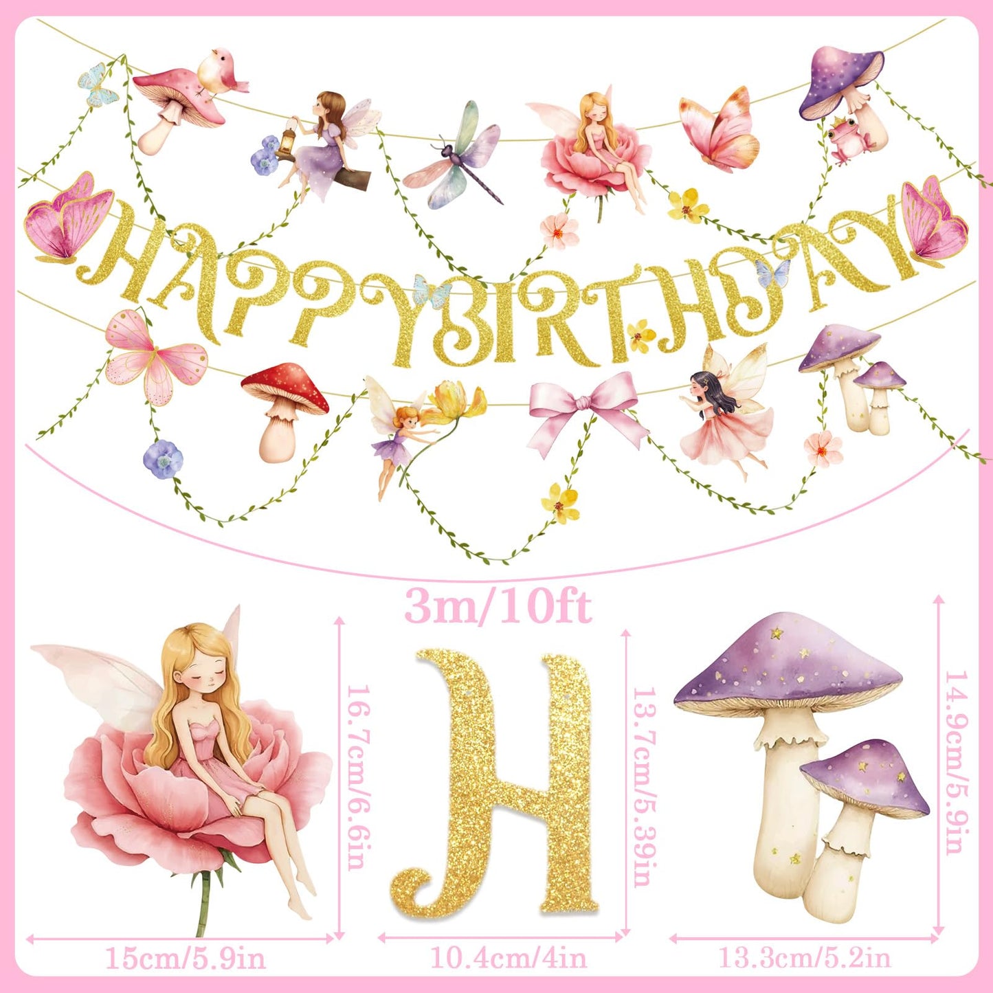 SUNBEAUTY Fairy Birthday Banner – Floral Garden Party Decor for Girls & Baby Showers