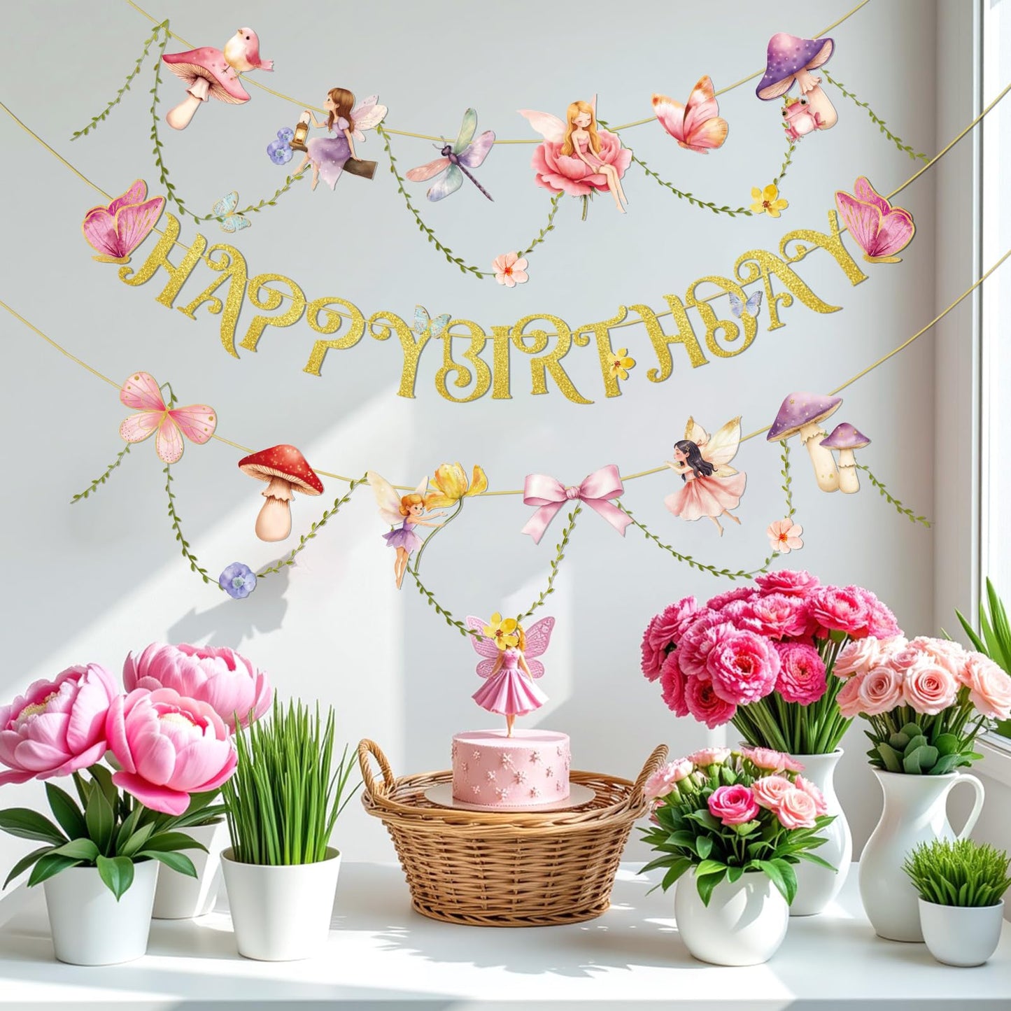 SUNBEAUTY Fairy Birthday Banner – Floral Garden Party Decor for Girls & Baby Showers