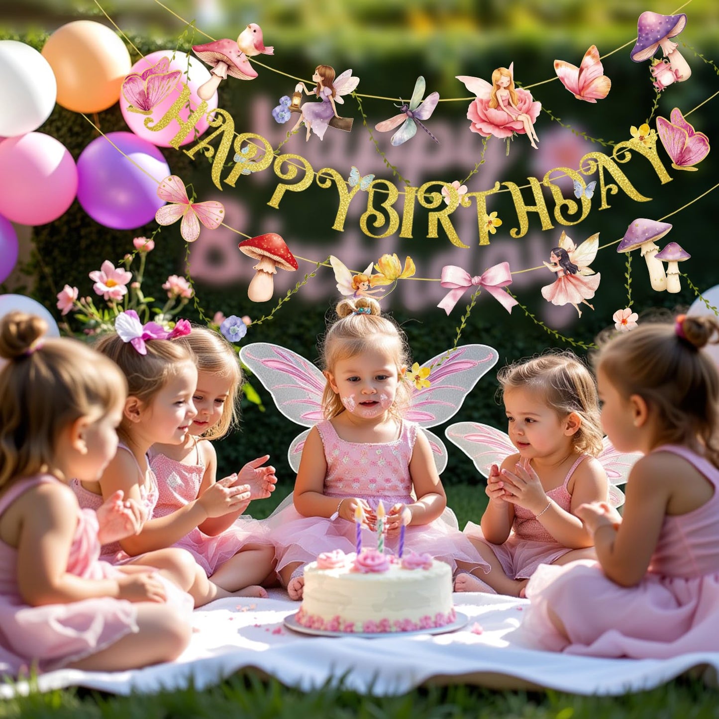 SUNBEAUTY Fairy Birthday Banner – Floral Garden Party Decor for Girls & Baby Showers