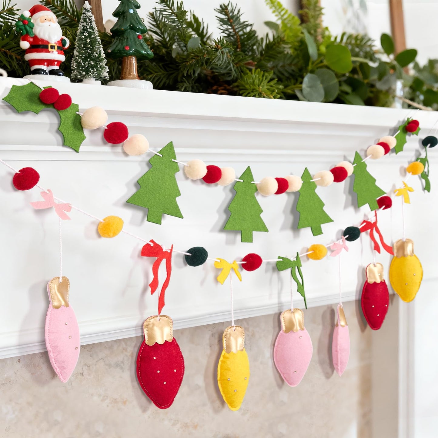 SUNBEAUTY Felt Christmas Garland – Red & Green Pom Poms, Double-Layer Wool Felt Decor Banner
