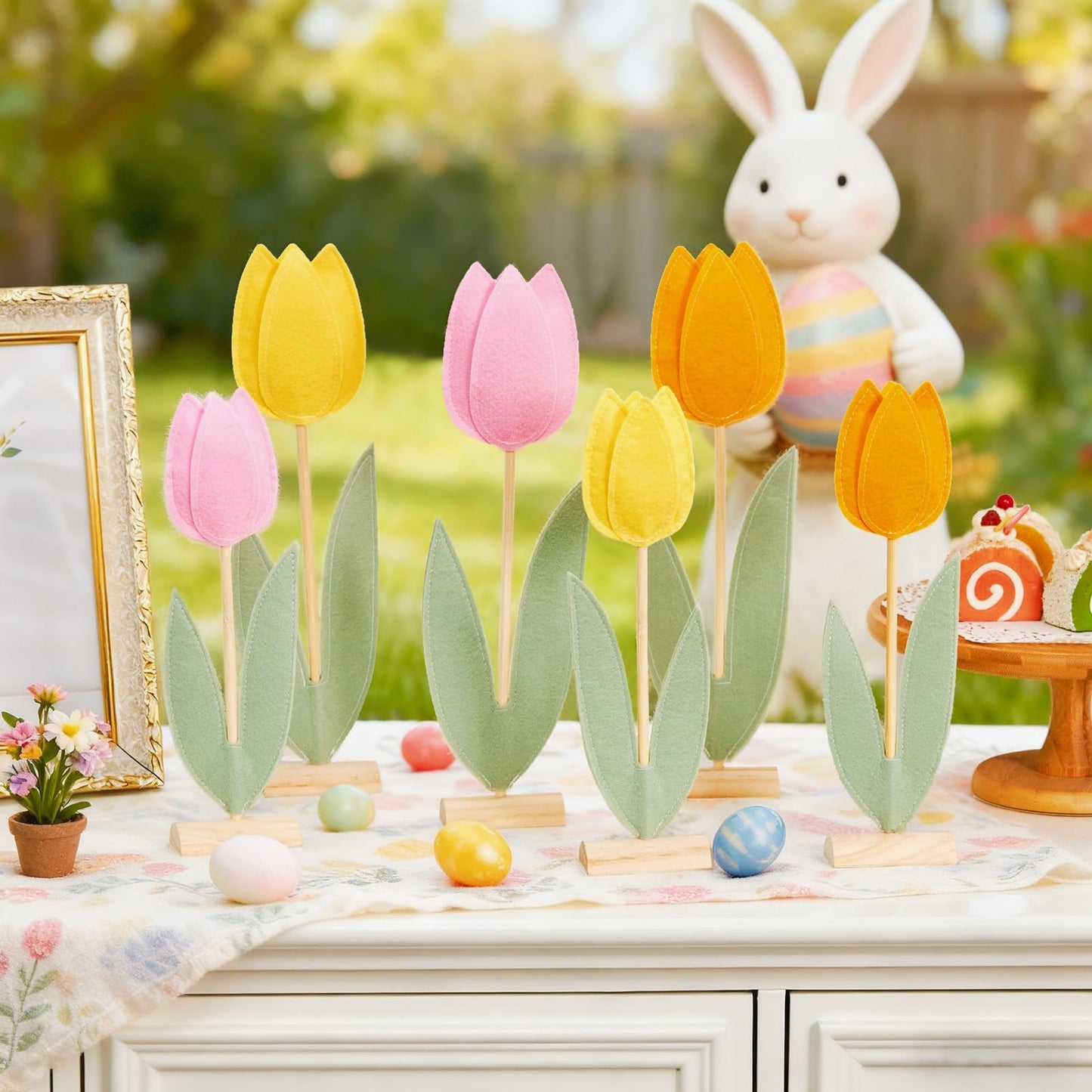 SUNBEAUTY 6Pcs Spring Tulips Felt Centerpiece – Easter Table Decor (Pink, Yellow, Orange)