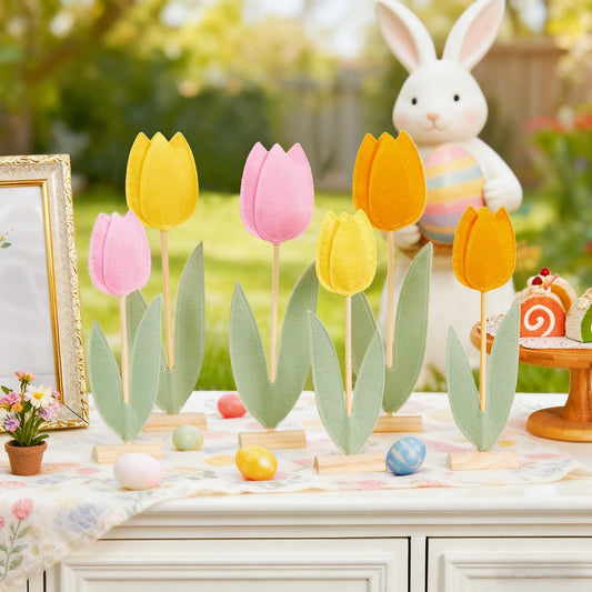 SUNBEAUTY 6Pcs Spring Tulips Felt Centerpiece – Easter Table Decor (Pink, Yellow, Orange)