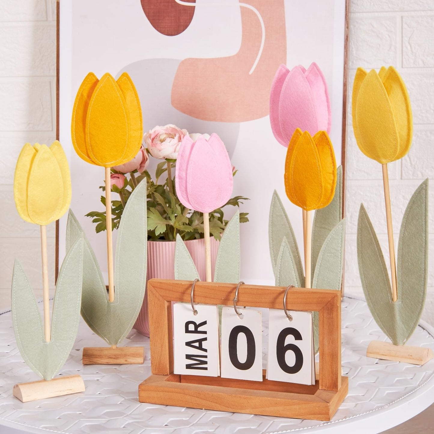 SUNBEAUTY 6Pcs Spring Tulips Felt Centerpiece – Easter Table Decor (Pink, Yellow, Orange)