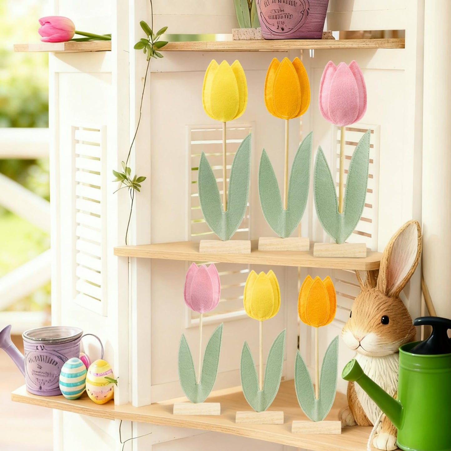 SUNBEAUTY 6Pcs Spring Tulips Felt Centerpiece – Easter Table Decor (Pink, Yellow, Orange)
