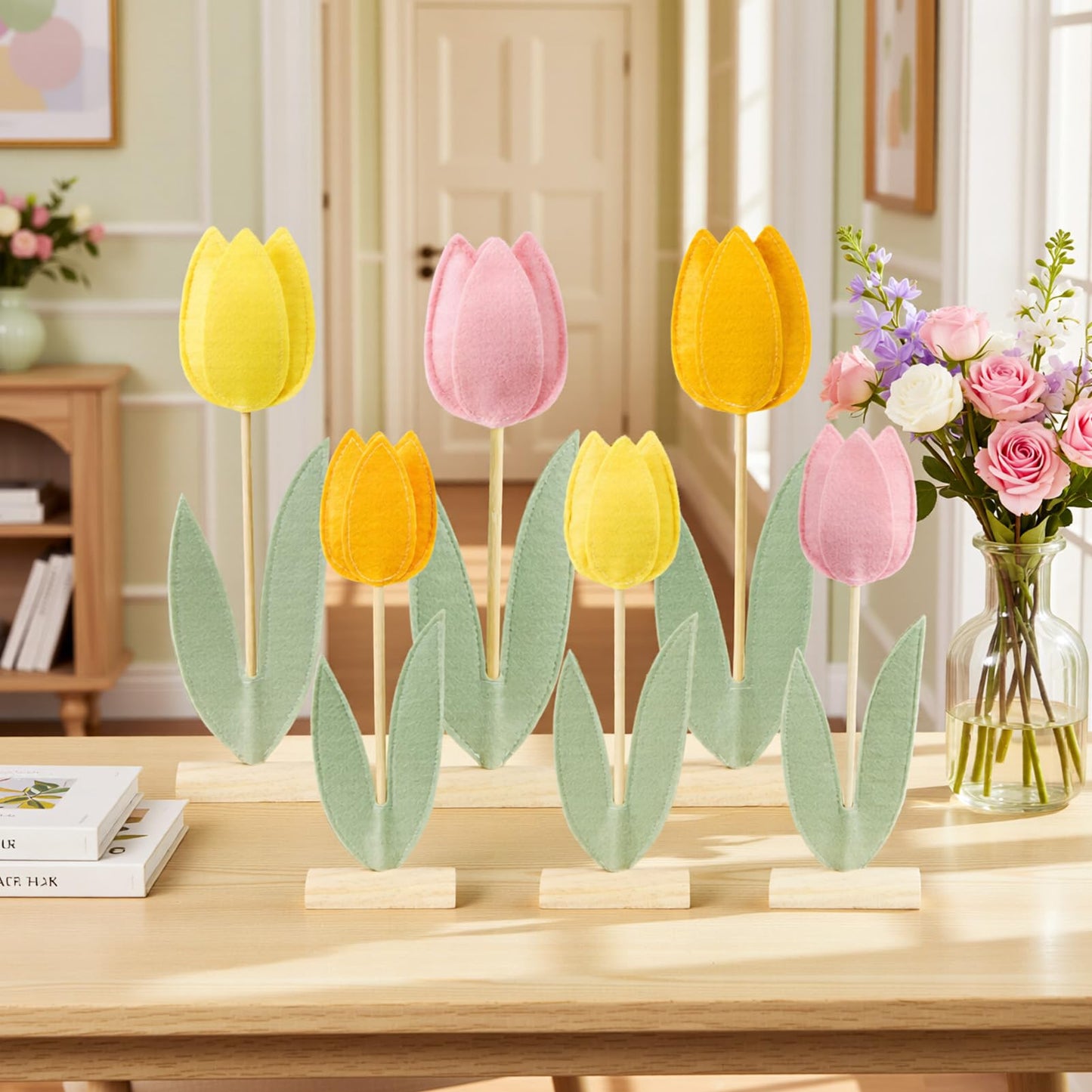 SUNBEAUTY 6Pcs Spring Tulips Felt Centerpiece – Easter Table Decor (Pink, Yellow, Orange)