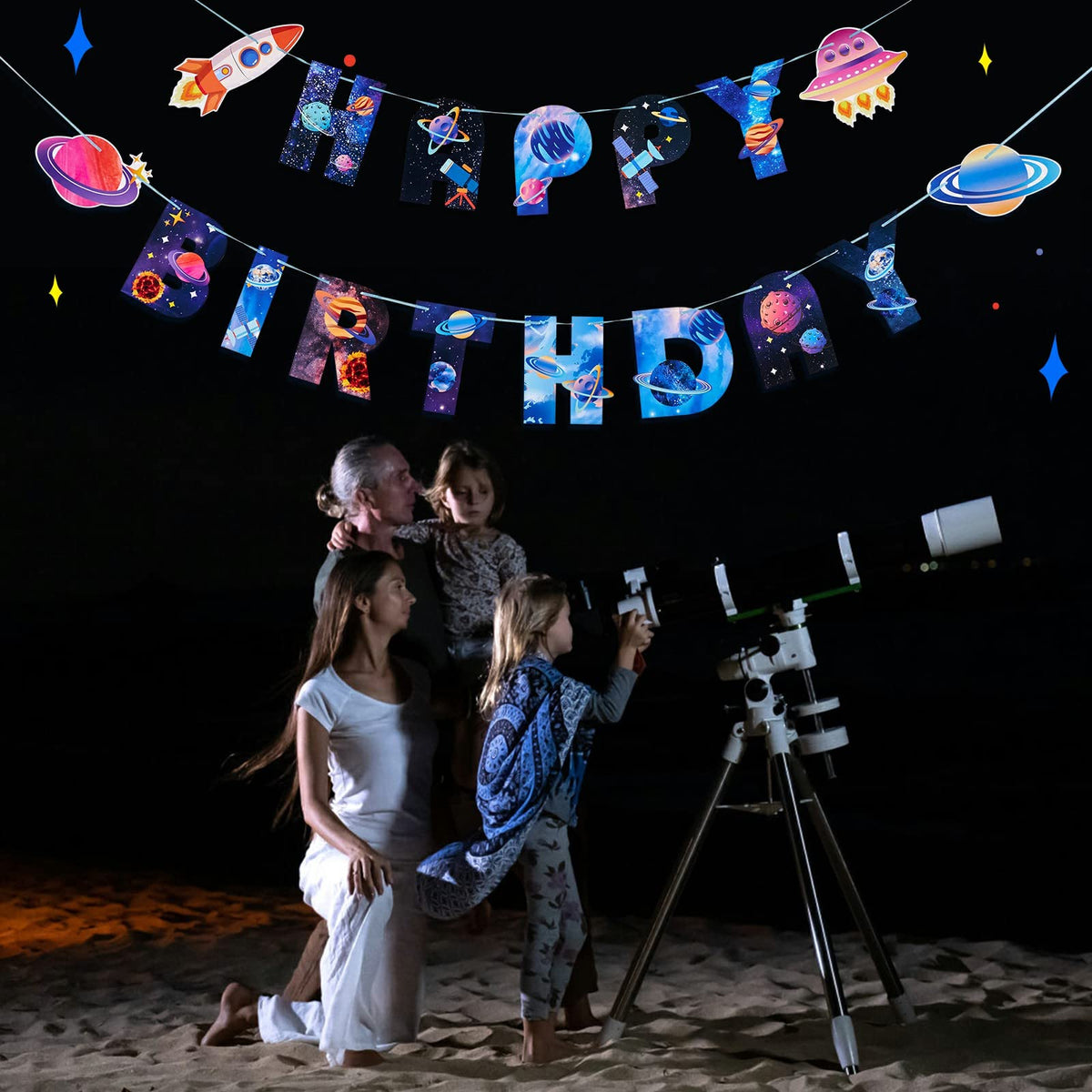 SUNBEAUTY Universe Outer Space Birthday Banner – Galaxy Happy Birthday Decor, Pre-Strung