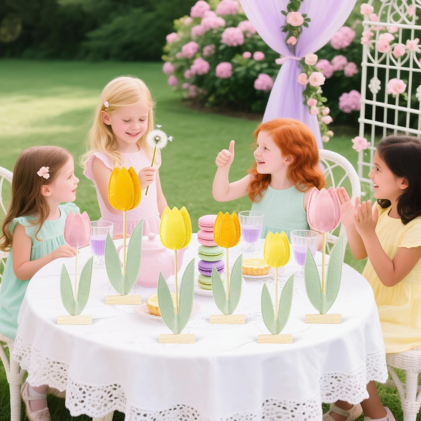 SUNBEAUTY 6Pcs Spring Tulips Felt Centerpiece – Easter Table Decor (Pink, Yellow, Orange)