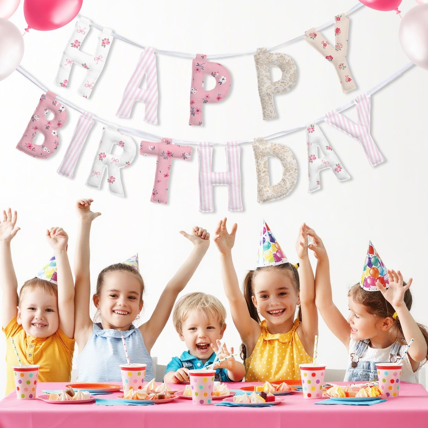 Suncalla Pre-strung Happy Birthday Banner – Reusable Felt Garland, 78.74" Long, Floral Pastel