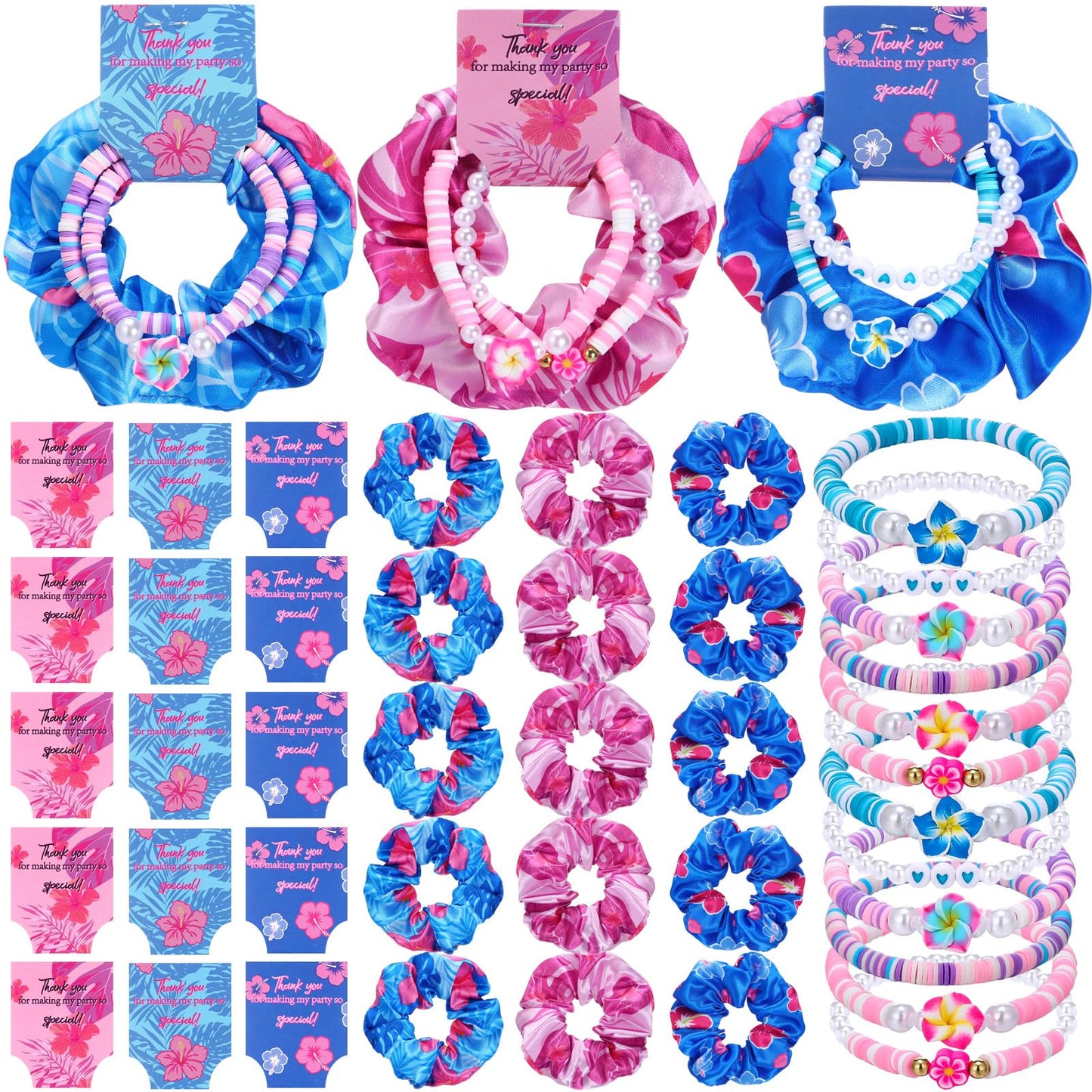Suncalla 15-Piece Hawaiian Bohemia Hair Ties & Frangipani Bracelets – Pink & Blue Party Favors