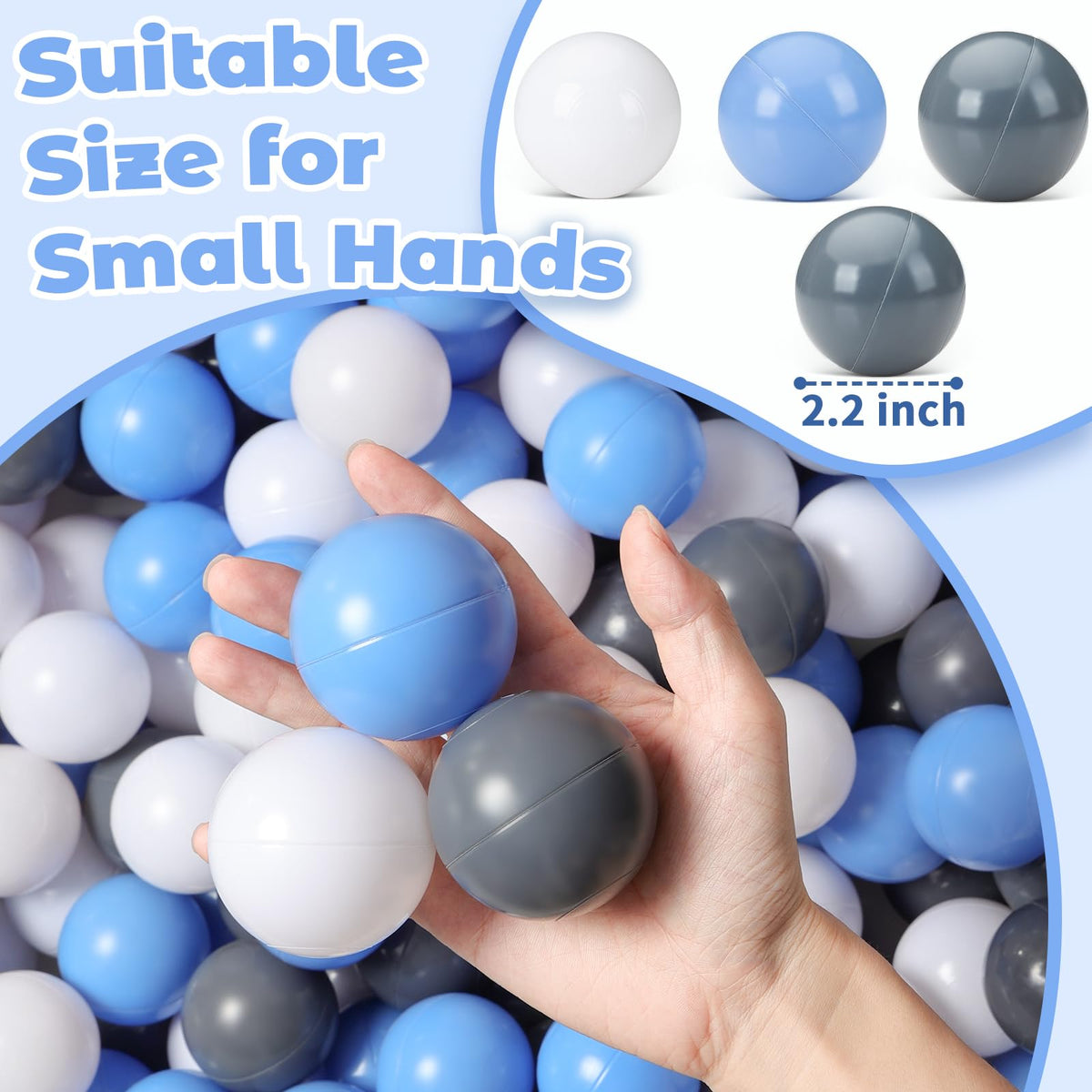 Suncuber Ball Pit Balls for Toddlers – 50 Safe 2.2-Inch Balls in Grey, White & Blue