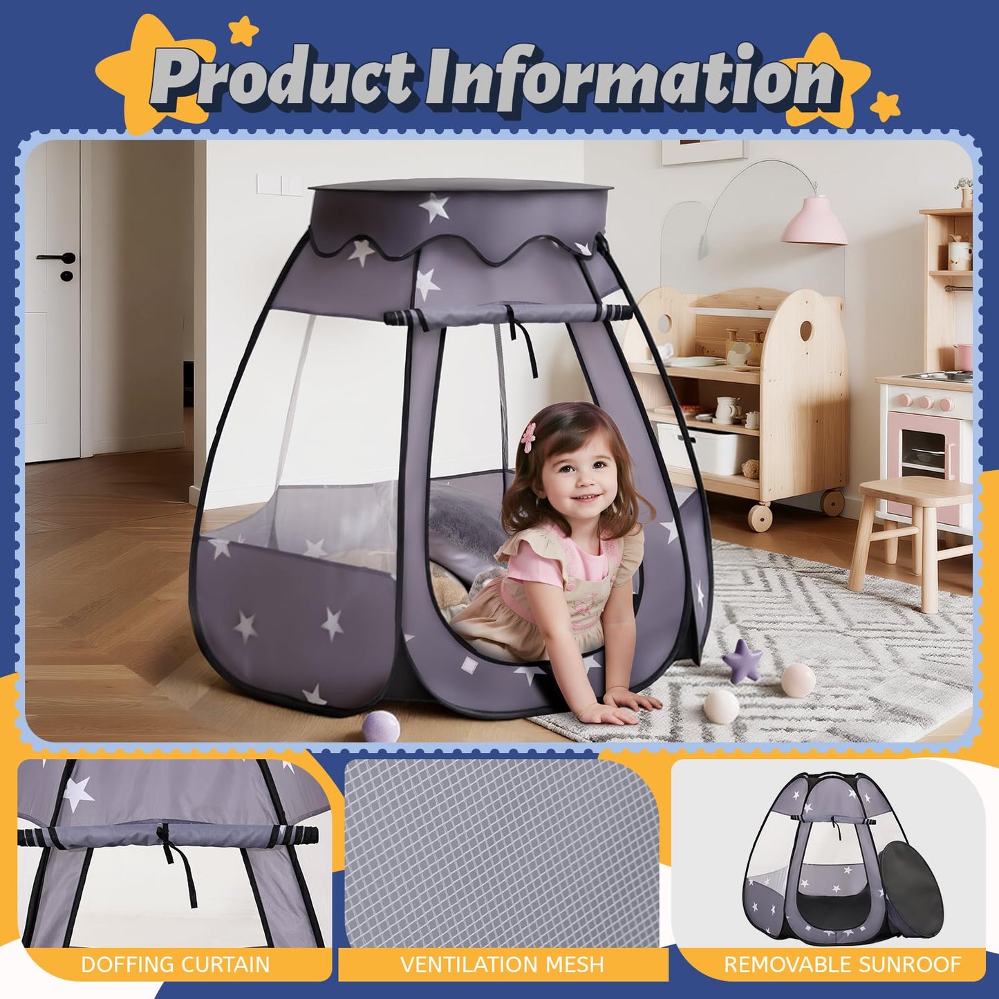 Suncuber Pop Up Play Tent with Star Light – Neutral Kids Play Center