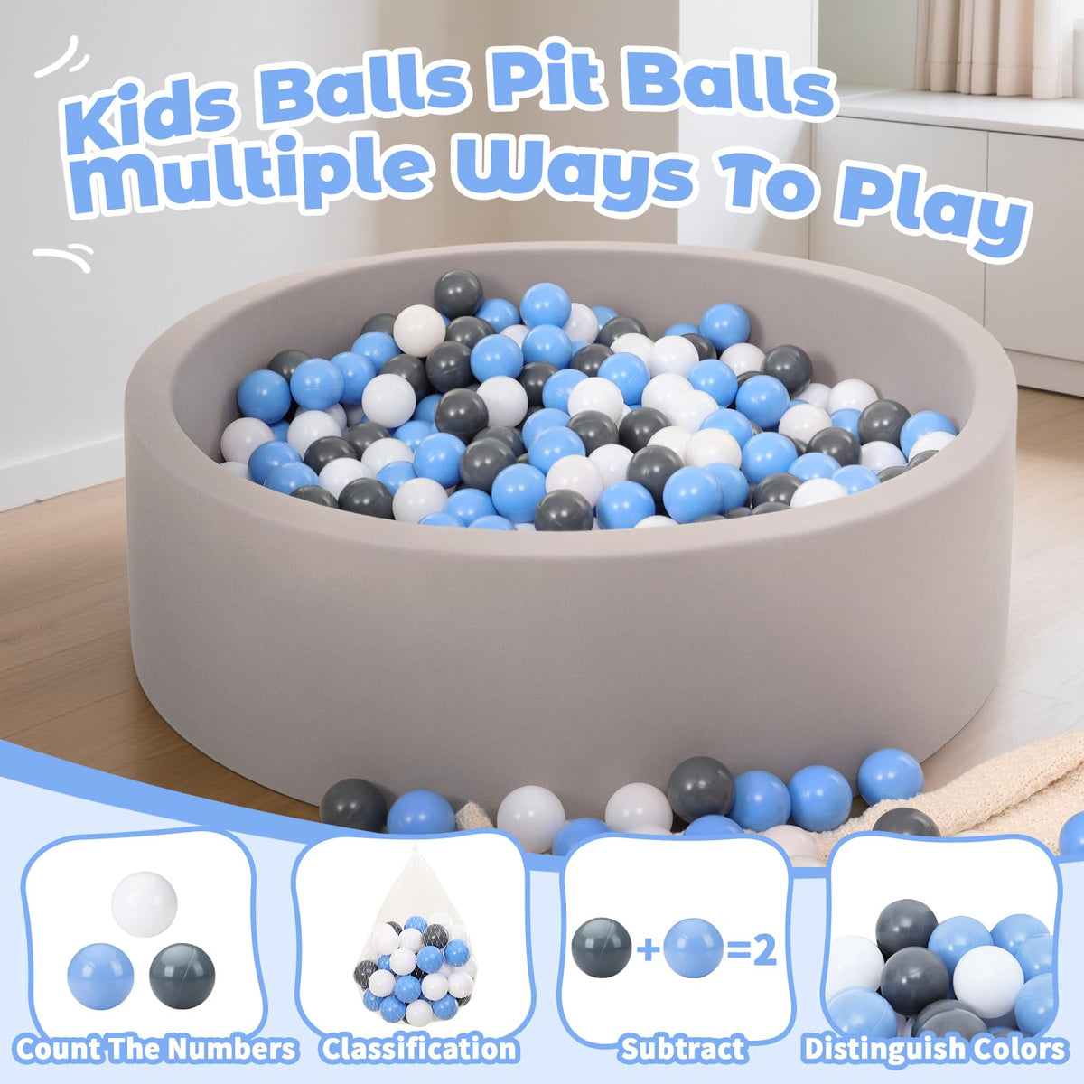 Suncuber Ball Pit Balls for Toddlers – 50 Safe 2.2-Inch Balls in Grey, White & Blue