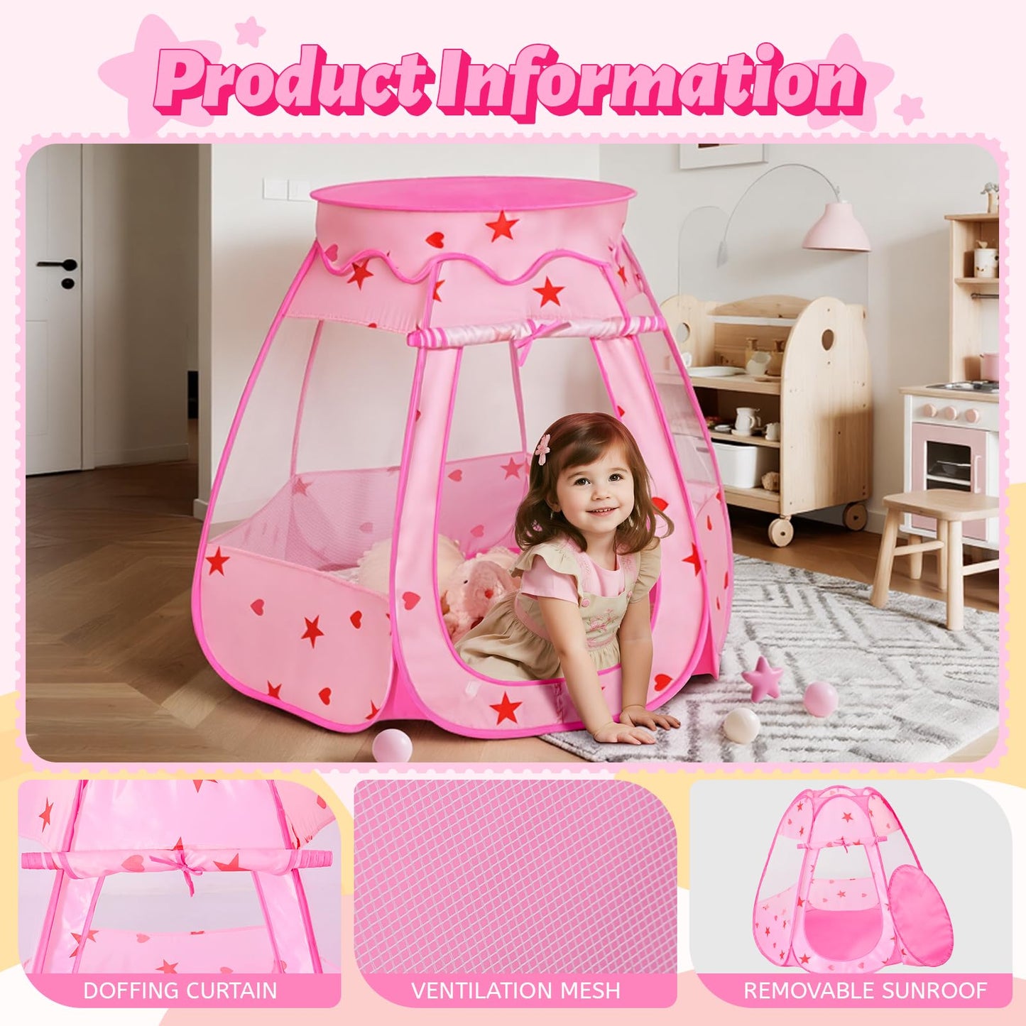 Suncuber Pop Up Princess Tent with Star Light – Pink Portable Playhouse
