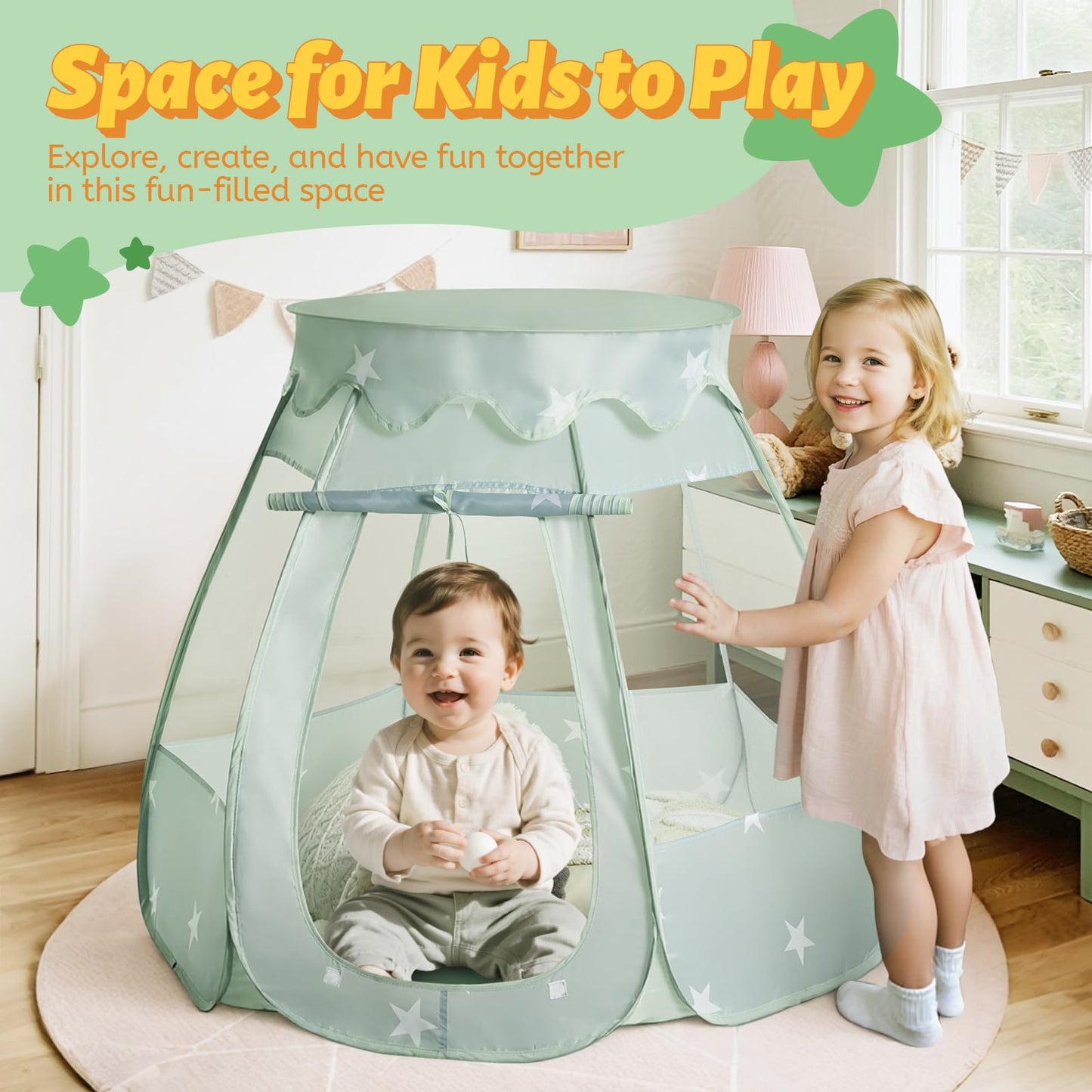 Suncuber Pop Up Play Tent with Star Light – Green, Portable Kids Playhouse