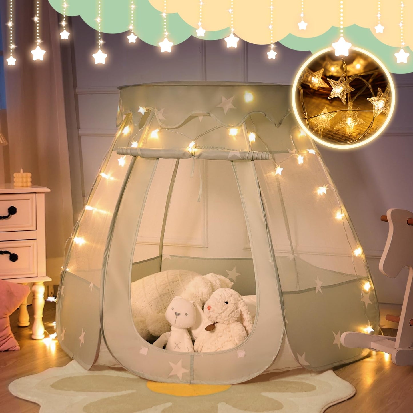 Suncuber Pop Up Play Tent with Star Light – Green, Portable Kids Playhouse