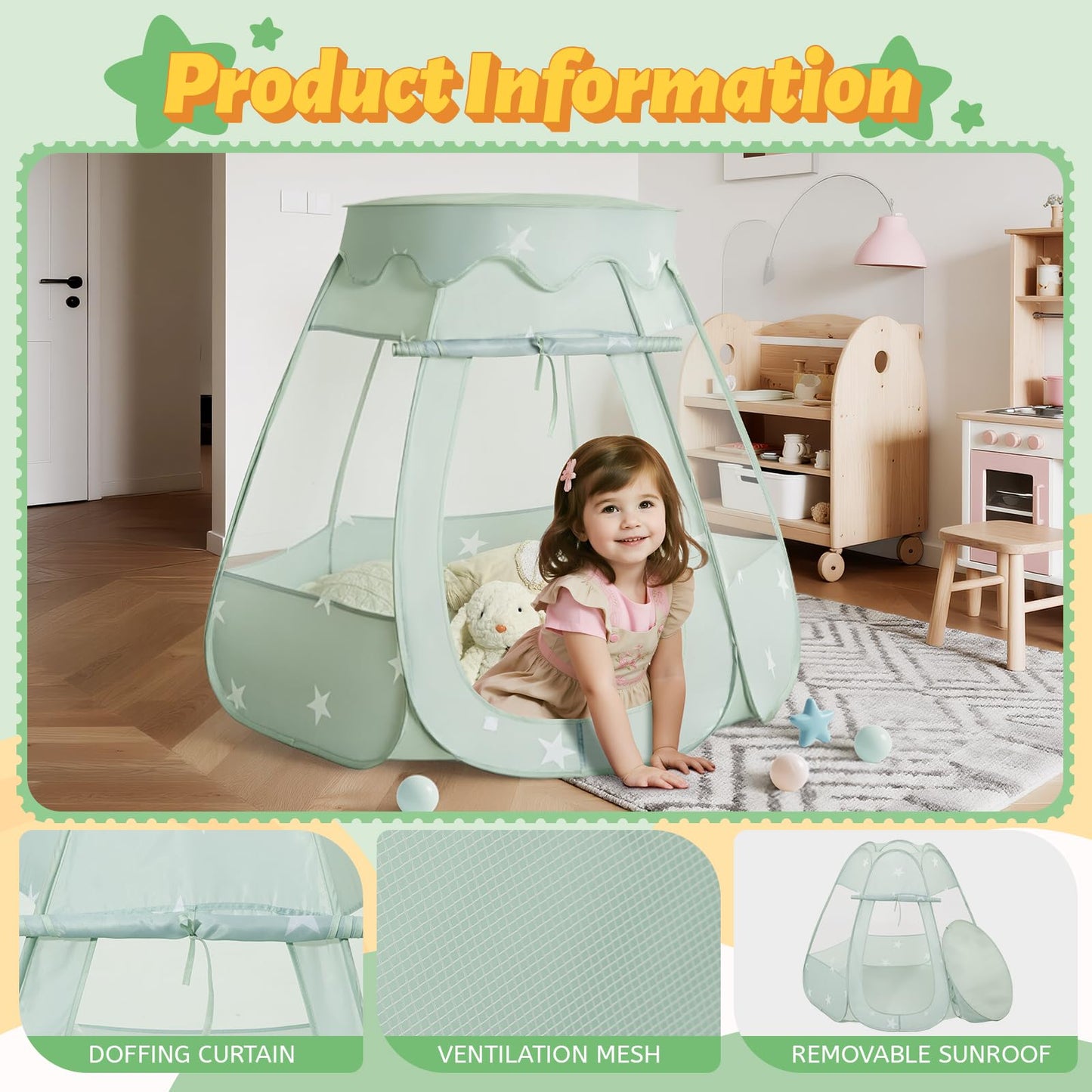 Suncuber Pop Up Play Tent with Star Light – Green, Portable Kids Playhouse