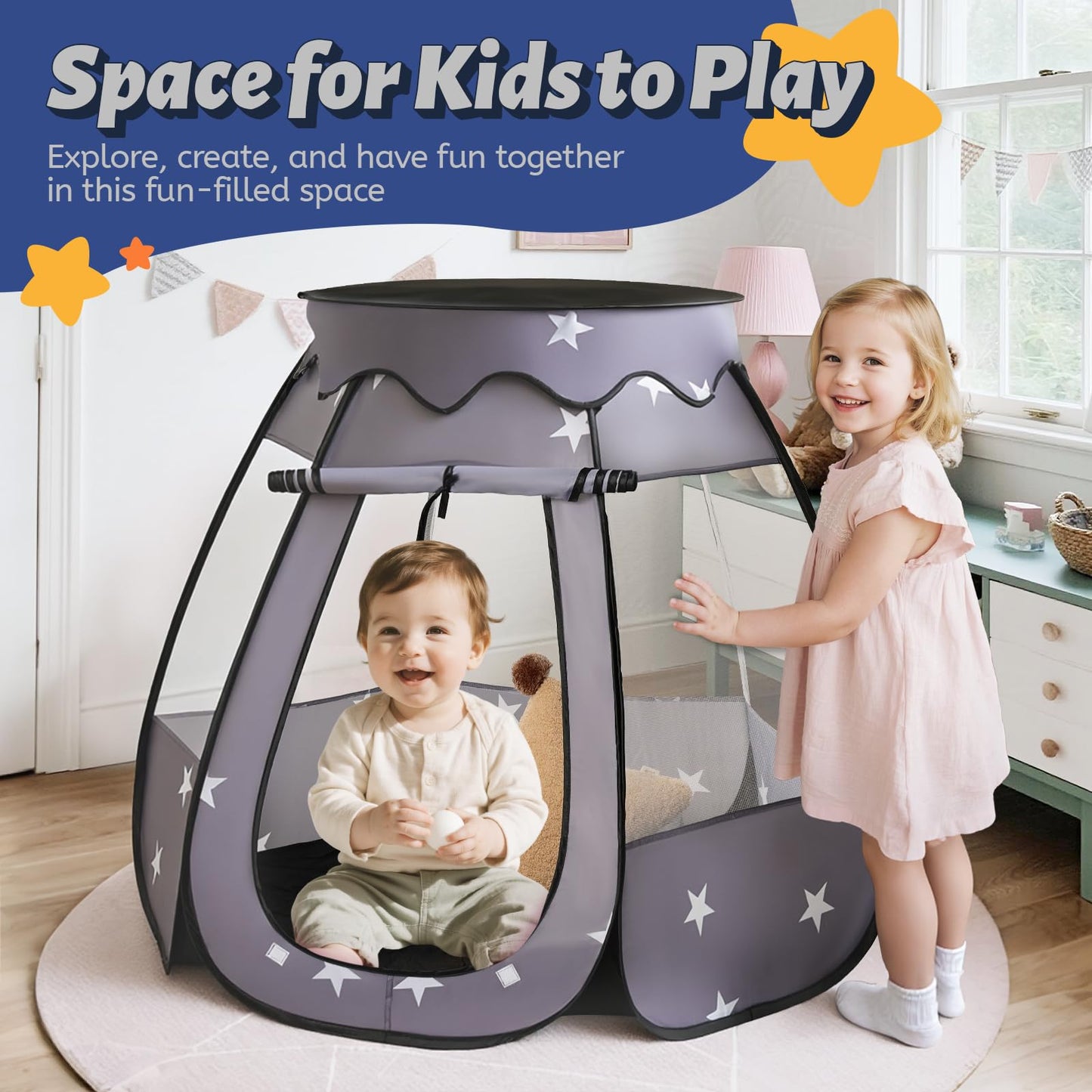 Suncuber Pop Up Play Tent with Star Light – Neutral Kids Play Center