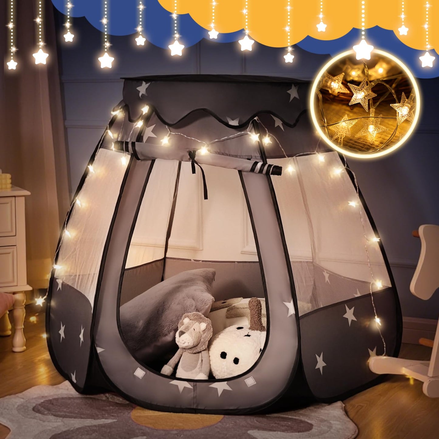 Suncuber Pop Up Play Tent with Star Light – Neutral Kids Play Center