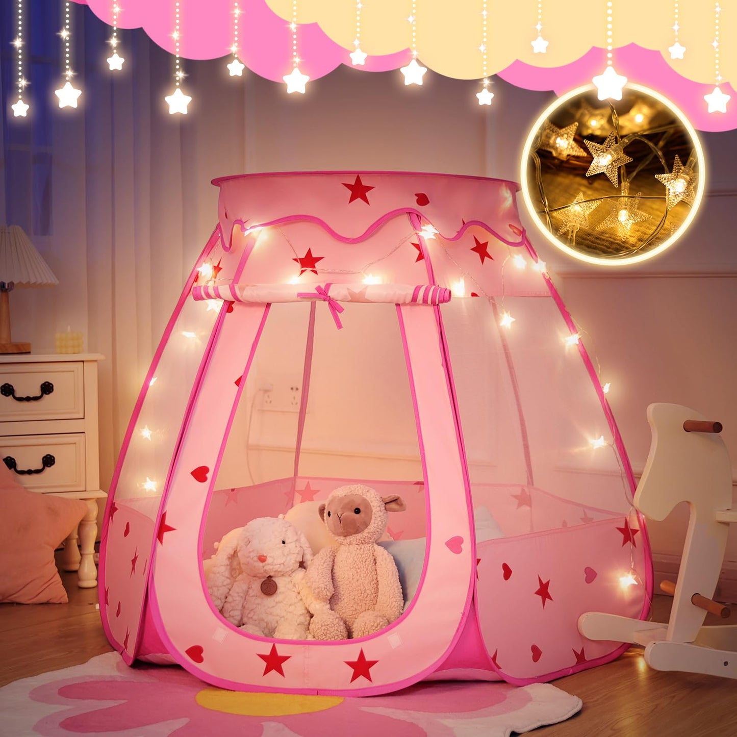 Suncuber Pop Up Princess Tent with Star Light – Pink Portable Playhouse
