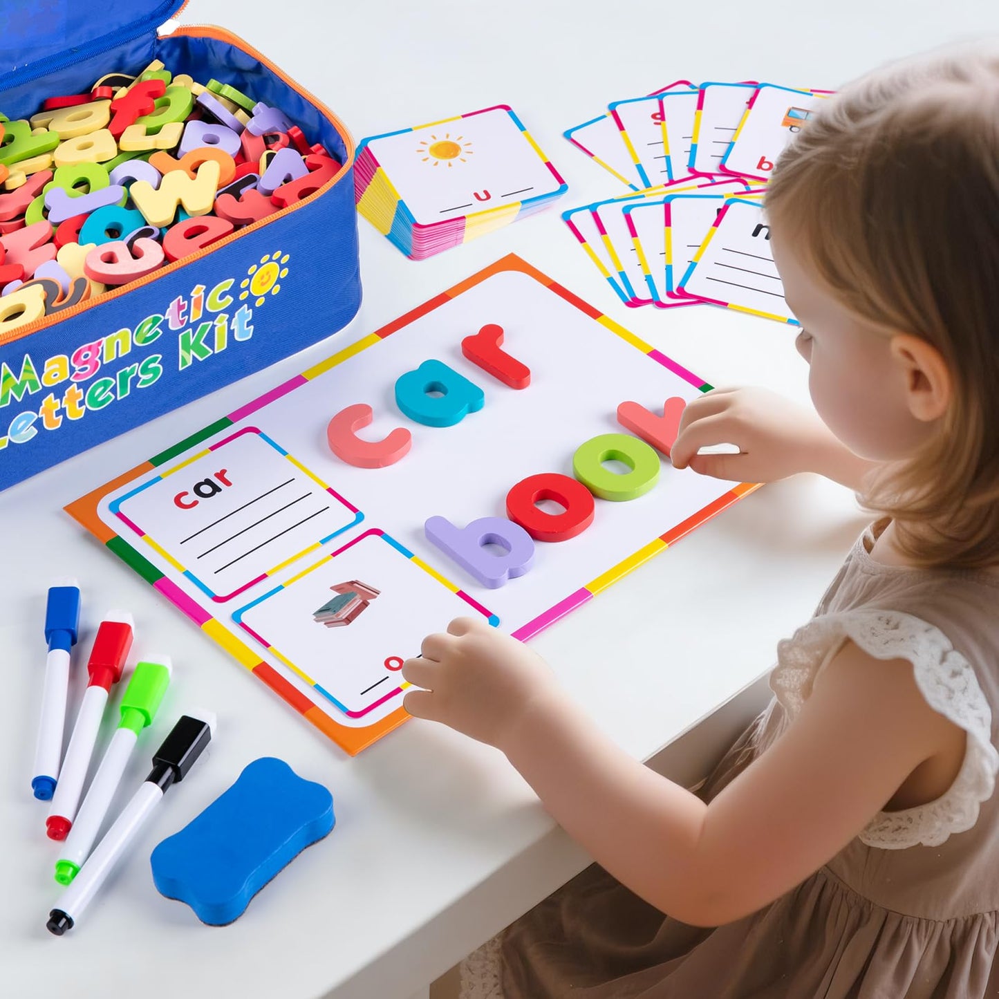 Sundaymot Magnetic Alphabet Letters Kit — Over 300 Pieces with Magnetic Board & Organizer Bag, Upper & Lower Case Wooden Letters