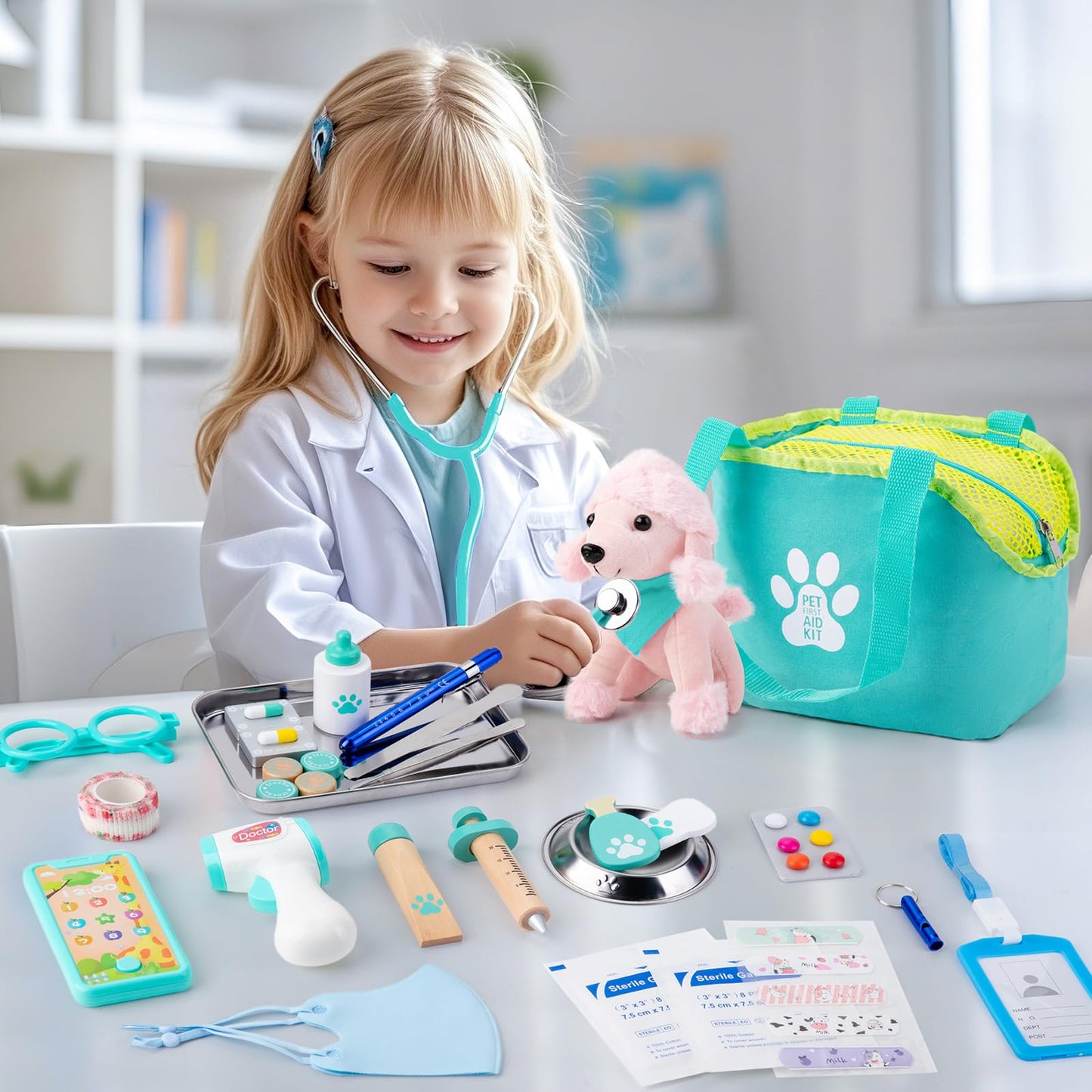 Sundaymot Doctor Kit for Kids | 37-Piece Pretend Play Set with Dog Toy and Medical Bag