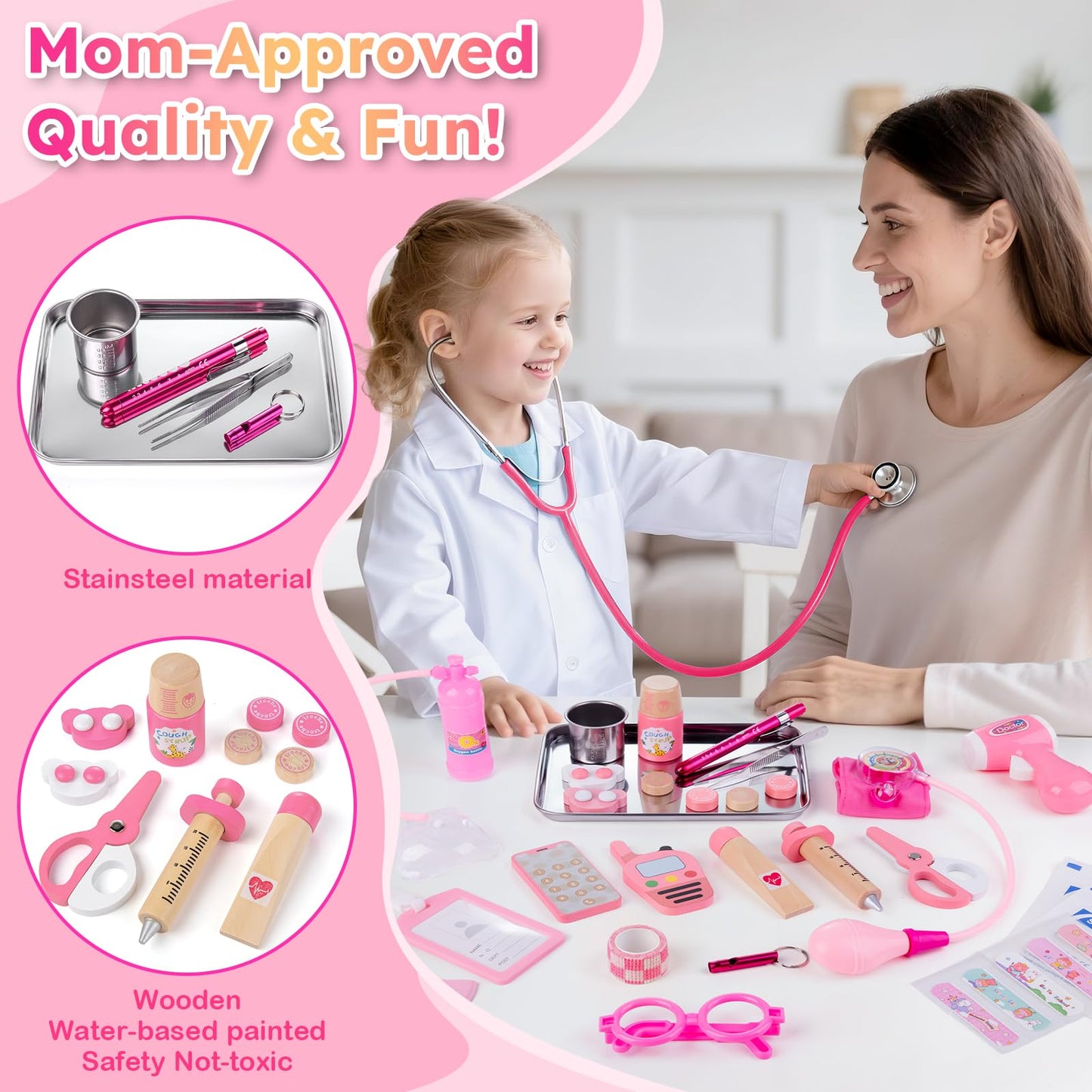 Sundaymot Doctor Kit for Girls – 34 Pcs Doctor Play Set with Realistic Stethoscope & Storage Bag