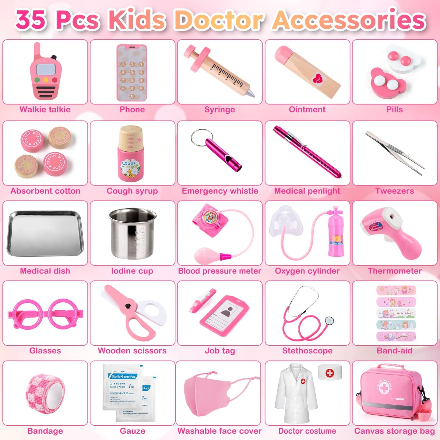 Sundaymot Doctor Kit for Girls – 34 Pcs Doctor Play Set with Realistic Stethoscope & Storage Bag