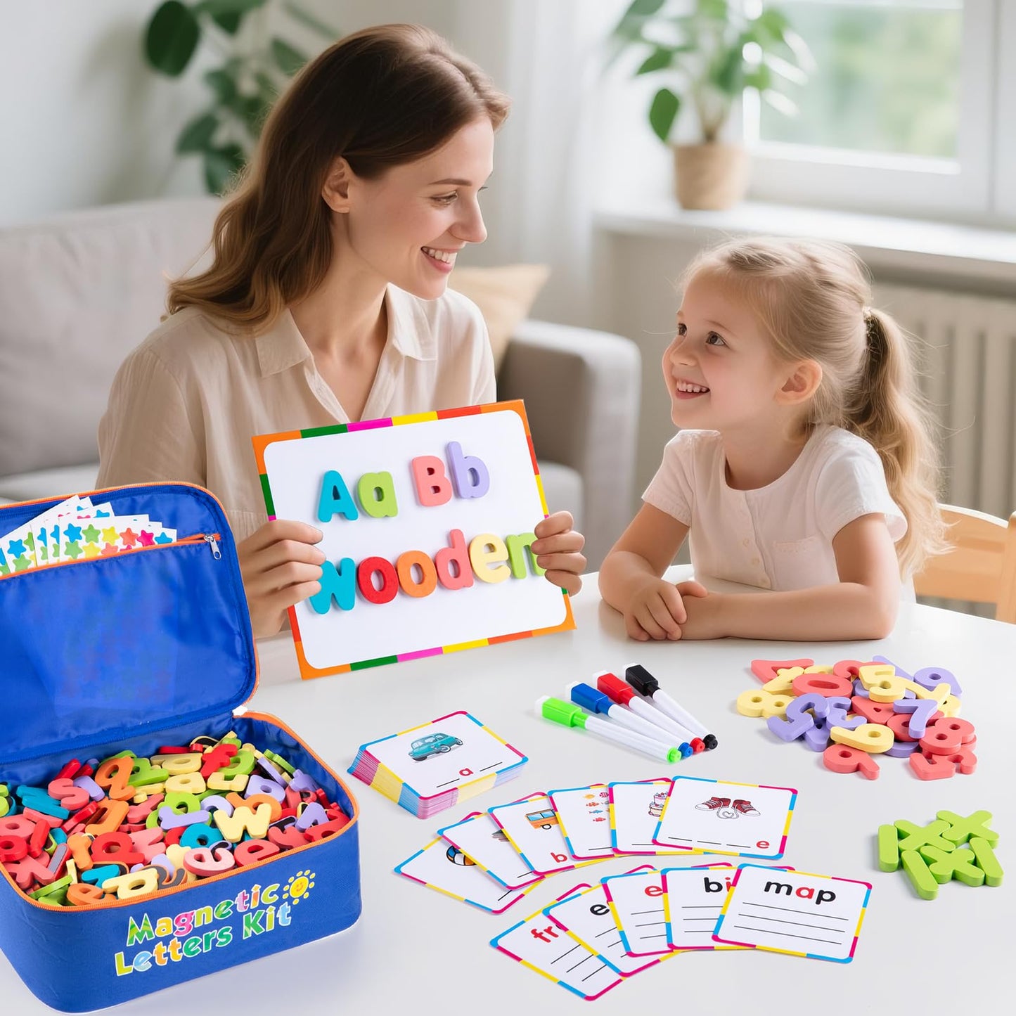 Sundaymot Magnetic Alphabet Letters Kit — Over 300 Pieces with Magnetic Board & Organizer Bag, Upper & Lower Case Wooden Letters