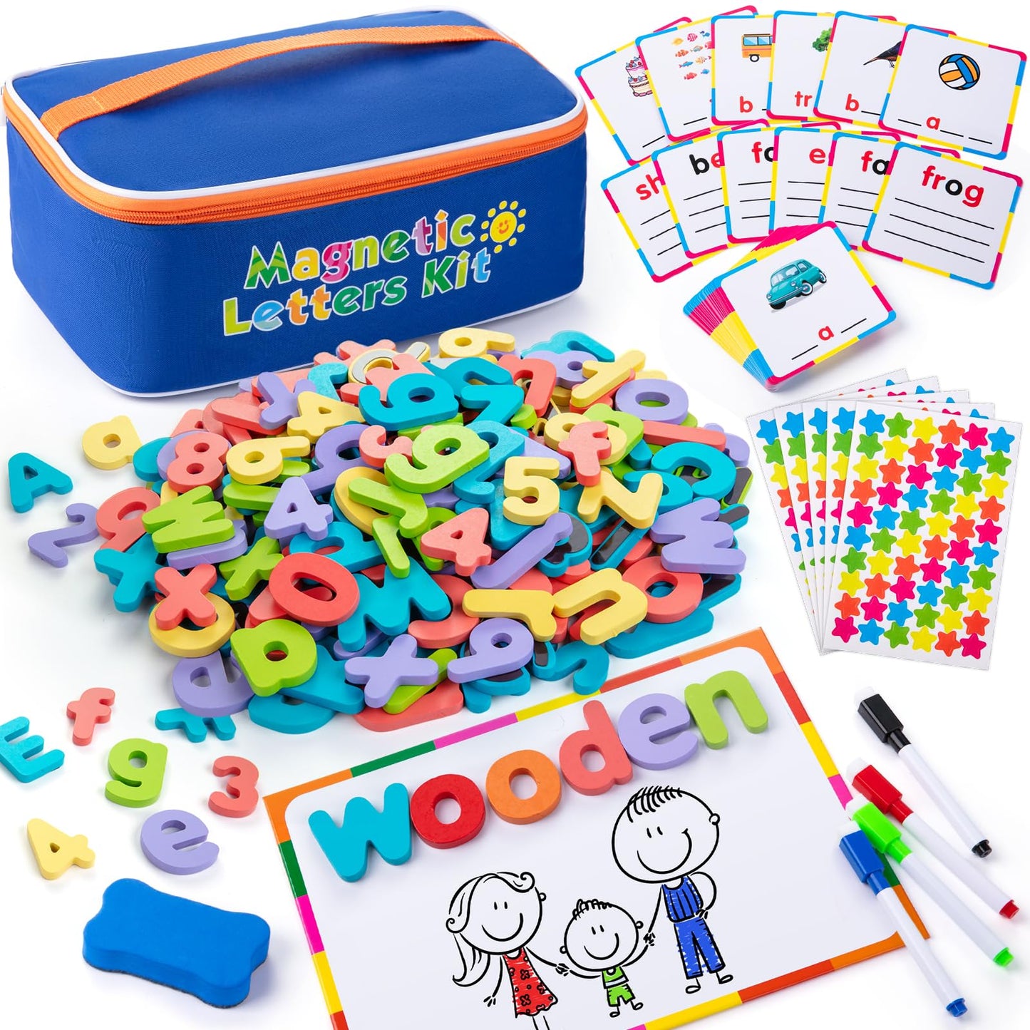 Sundaymot Magnetic Alphabet Letters Kit — Over 300 Pieces with Magnetic Board & Organizer Bag, Upper & Lower Case Wooden Letters