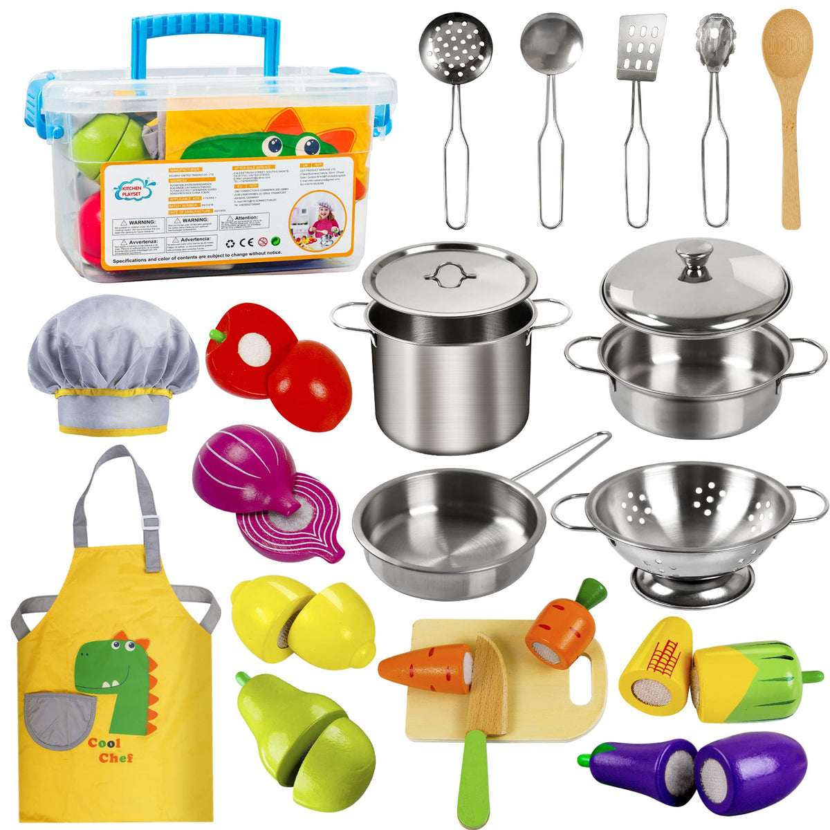 Sundaymot Play Kitchen Accessories – Wooden Play Food & Stainless Steel Cookware Set