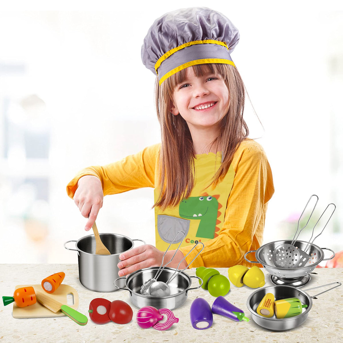 Sundaymot Play Kitchen Accessories – Wooden Play Food & Stainless Steel Cookware Set