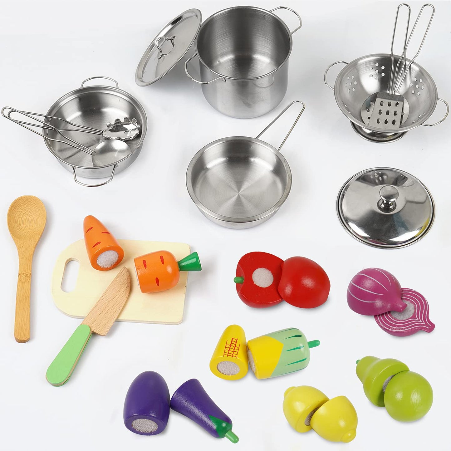 Sundaymot Play Kitchen Accessories – Wooden Play Food & Stainless Steel Cookware Set