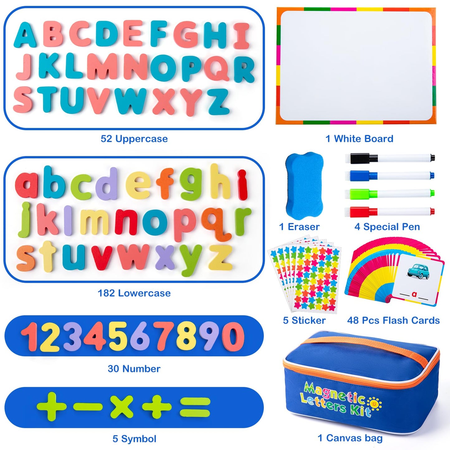 Sundaymot Magnetic Alphabet Letters Kit — Over 300 Pieces with Magnetic Board & Organizer Bag, Upper & Lower Case Wooden Letters