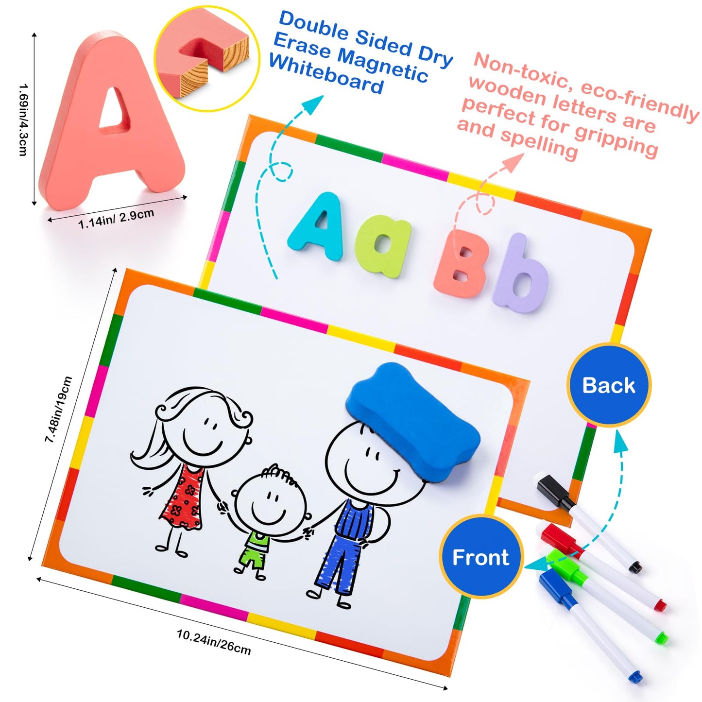 Sundaymot Magnetic Alphabet Letters Kit — Over 300 Pieces with Magnetic Board & Organizer Bag, Upper & Lower Case Wooden Letters