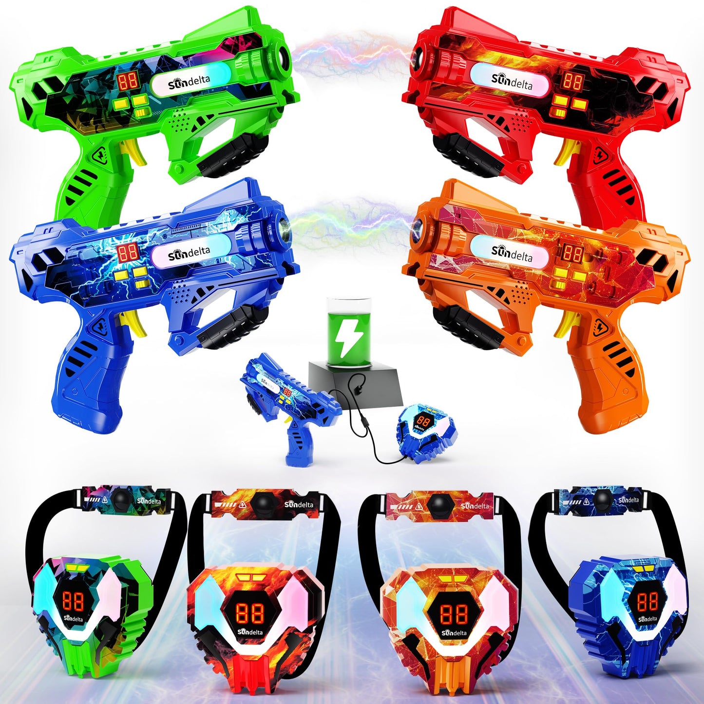 Sundelta Rechargeable Laser Tag Guns (4-Pack) — 360° Sensors, LED Display, Real-Time Hit Feedback
