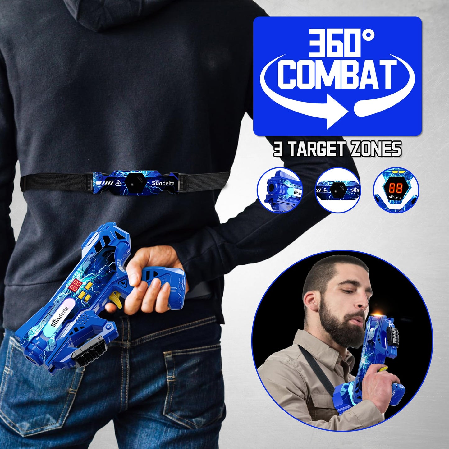 Sundelta Rechargeable Laser Tag Guns (4-Pack) — 360° Sensors, LED Display, Real-Time Hit Feedback