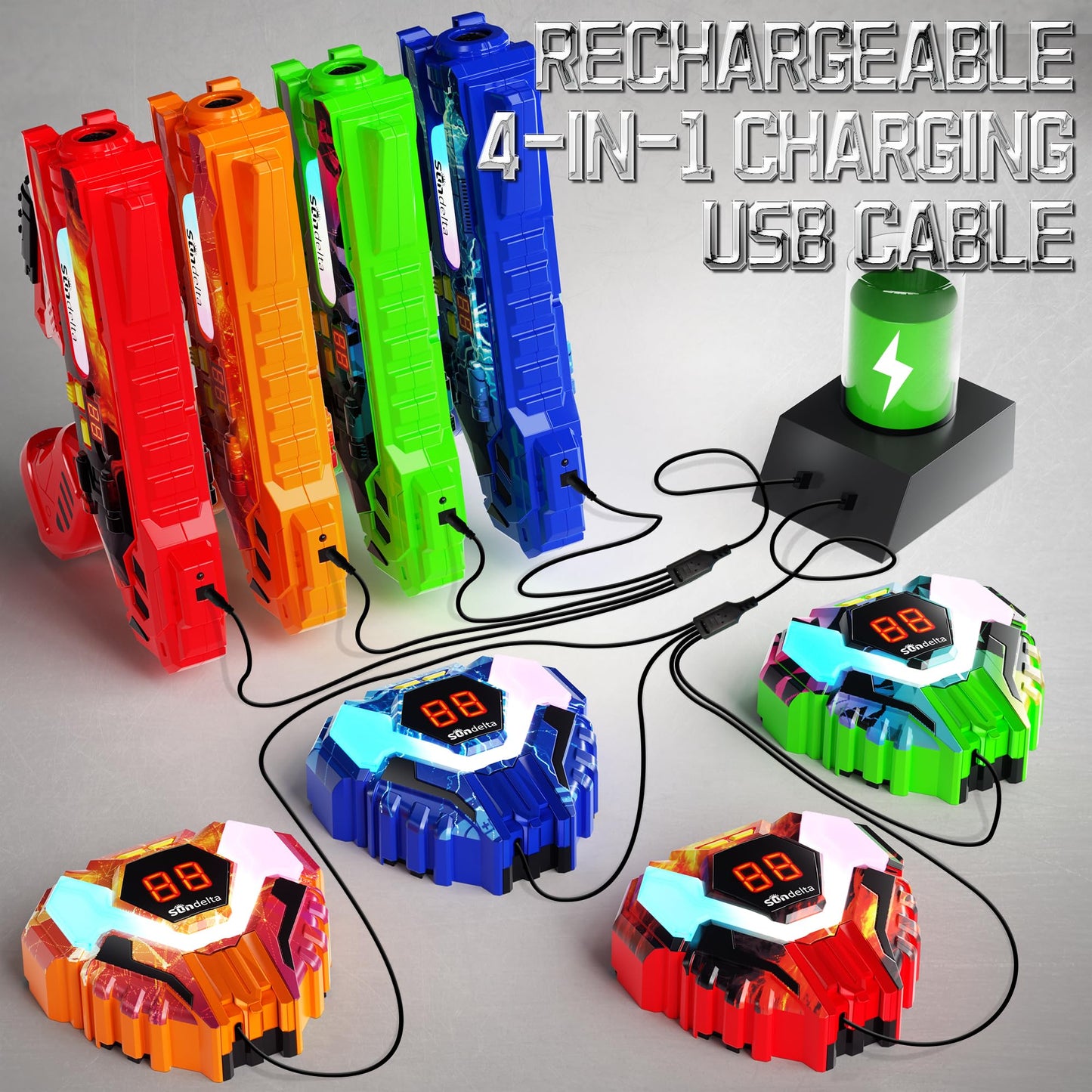 Sundelta Rechargeable Laser Tag Guns (4-Pack) — 360° Sensors, LED Display, Real-Time Hit Feedback