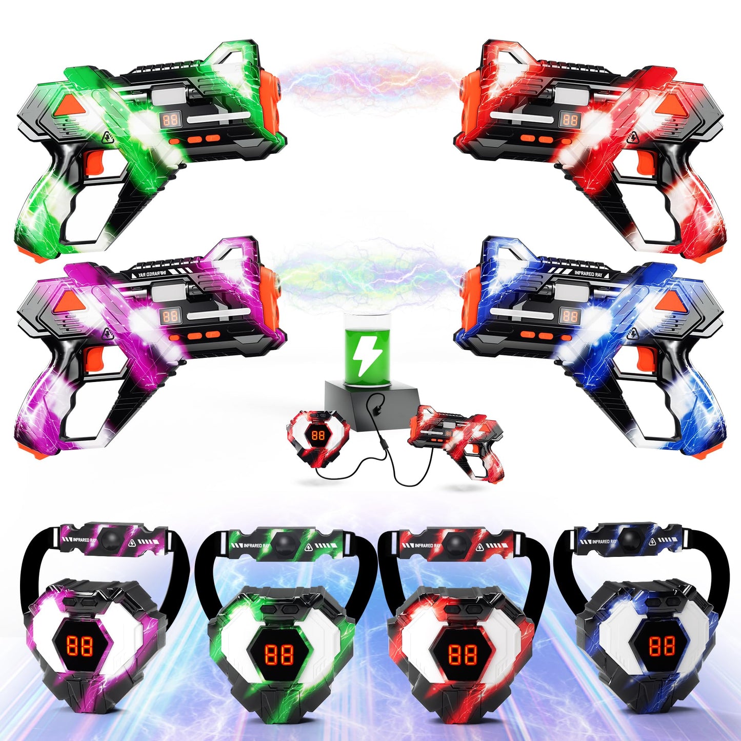 Sundelta Rechargeable Laser Tag Guns – 360° Sensors & LED Hit Feedback (Set of 4)