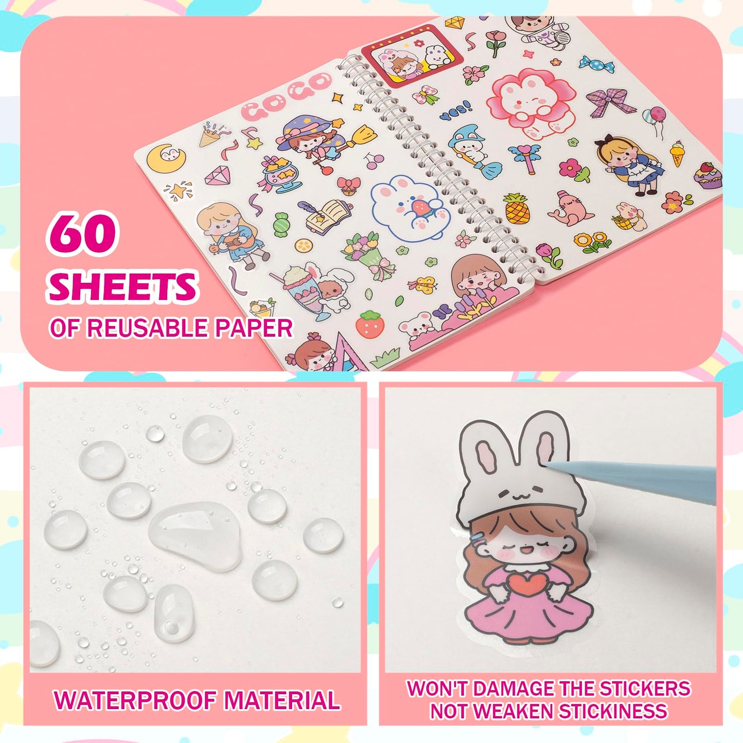 SUNEZLGO A5 Reusable Sticker Book – 60 Sheets, Tweezer & Spatula, Black
